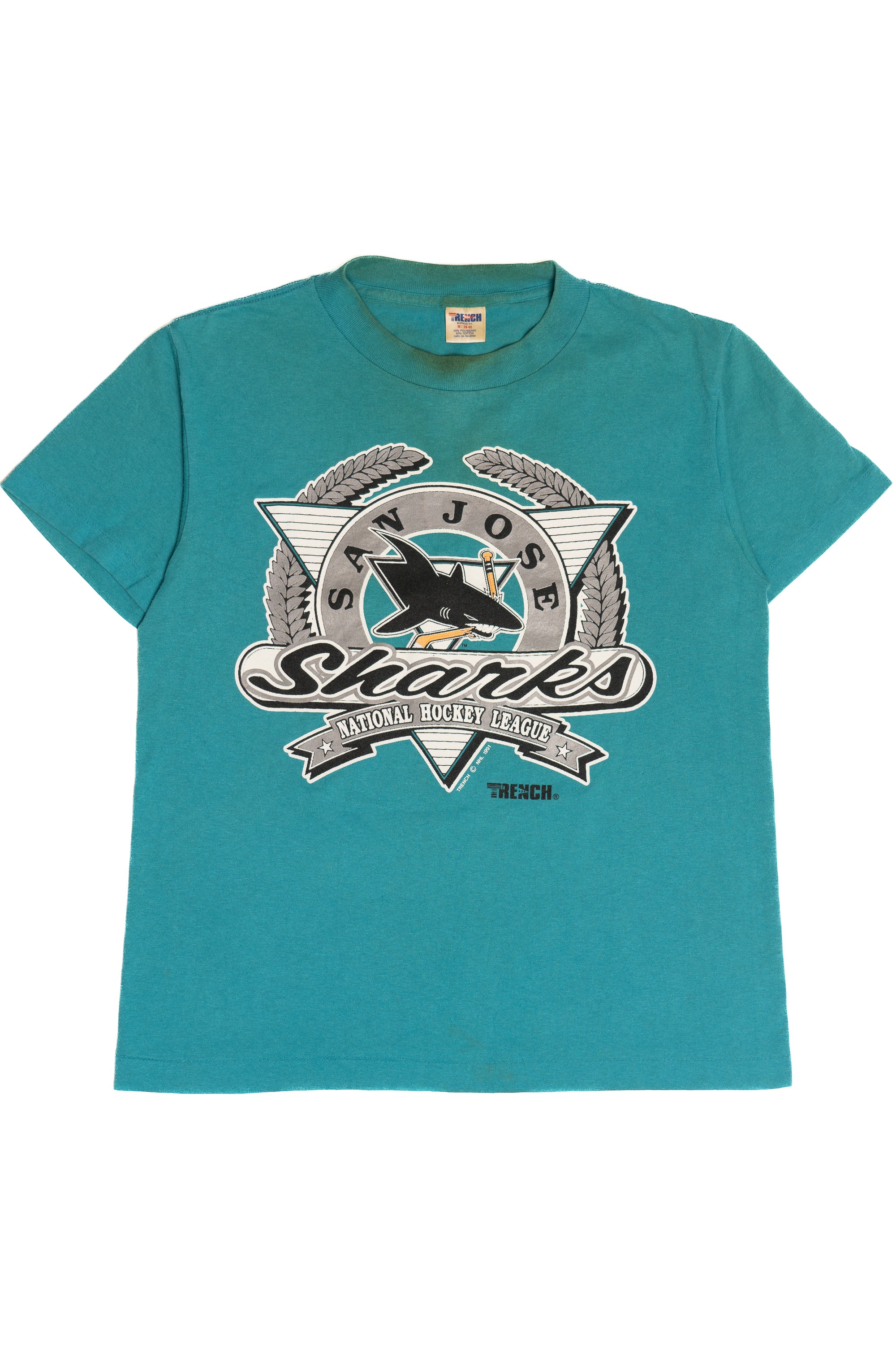 Vintage San Jose Sharks NHL Hockey Single Stitch Trench T-Shirt (1990s)
