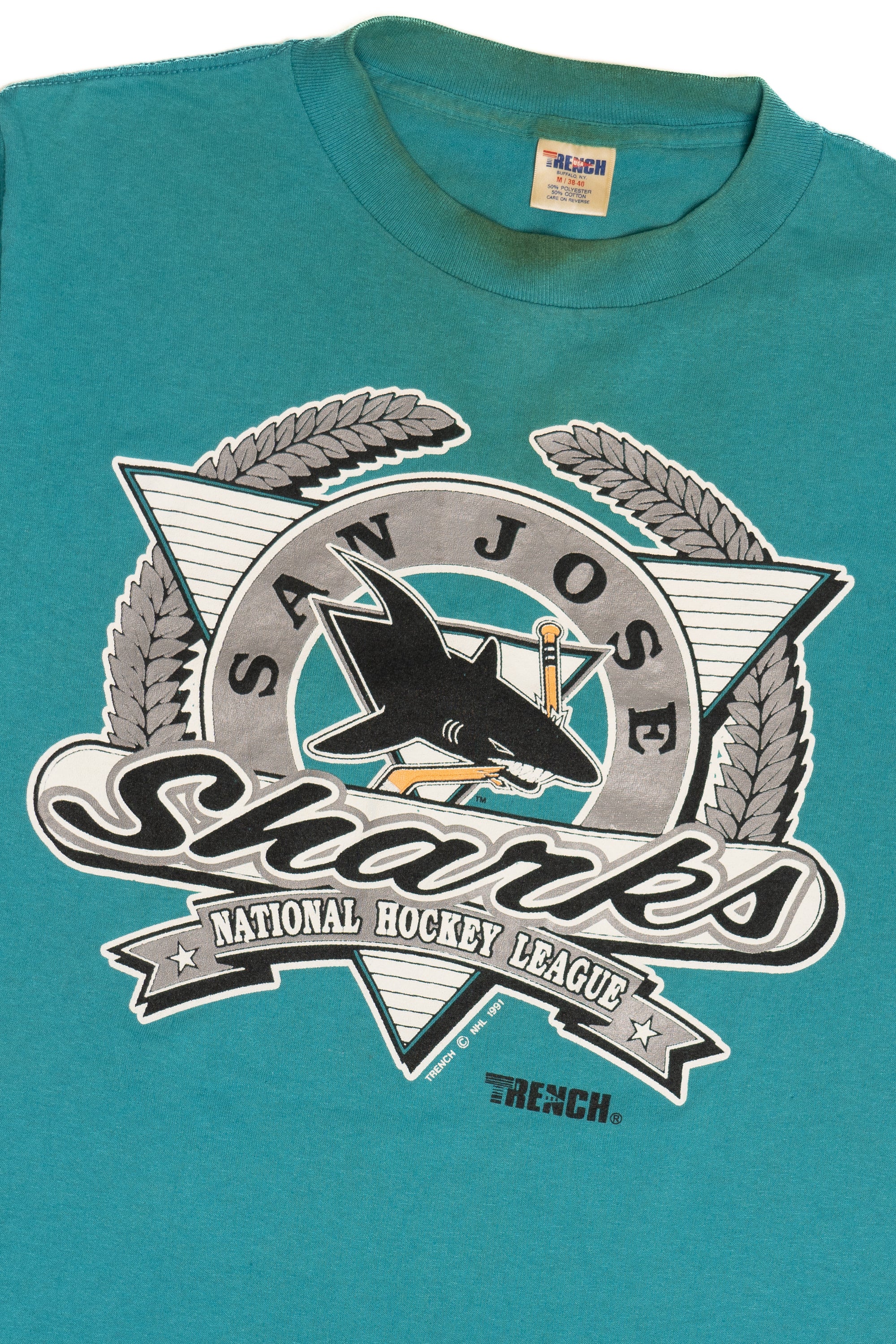 Vintage San Jose Sharks NHL Hockey Single Stitch Trench T-Shirt (1990s)