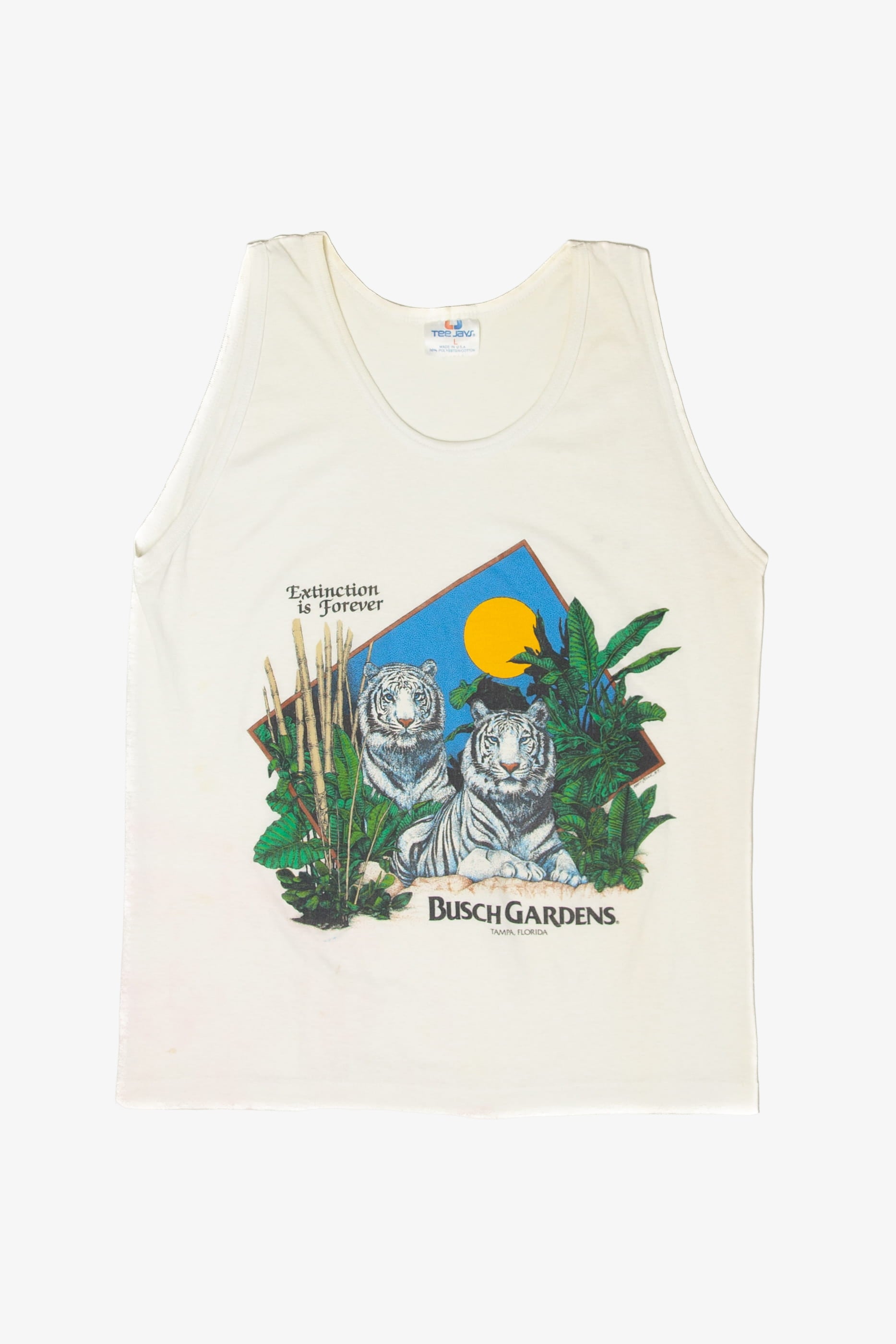 Vintage Distressed "Extinction is Forever" Busch Gardens White Tigers Sleeveless T-Shirt (1980s)