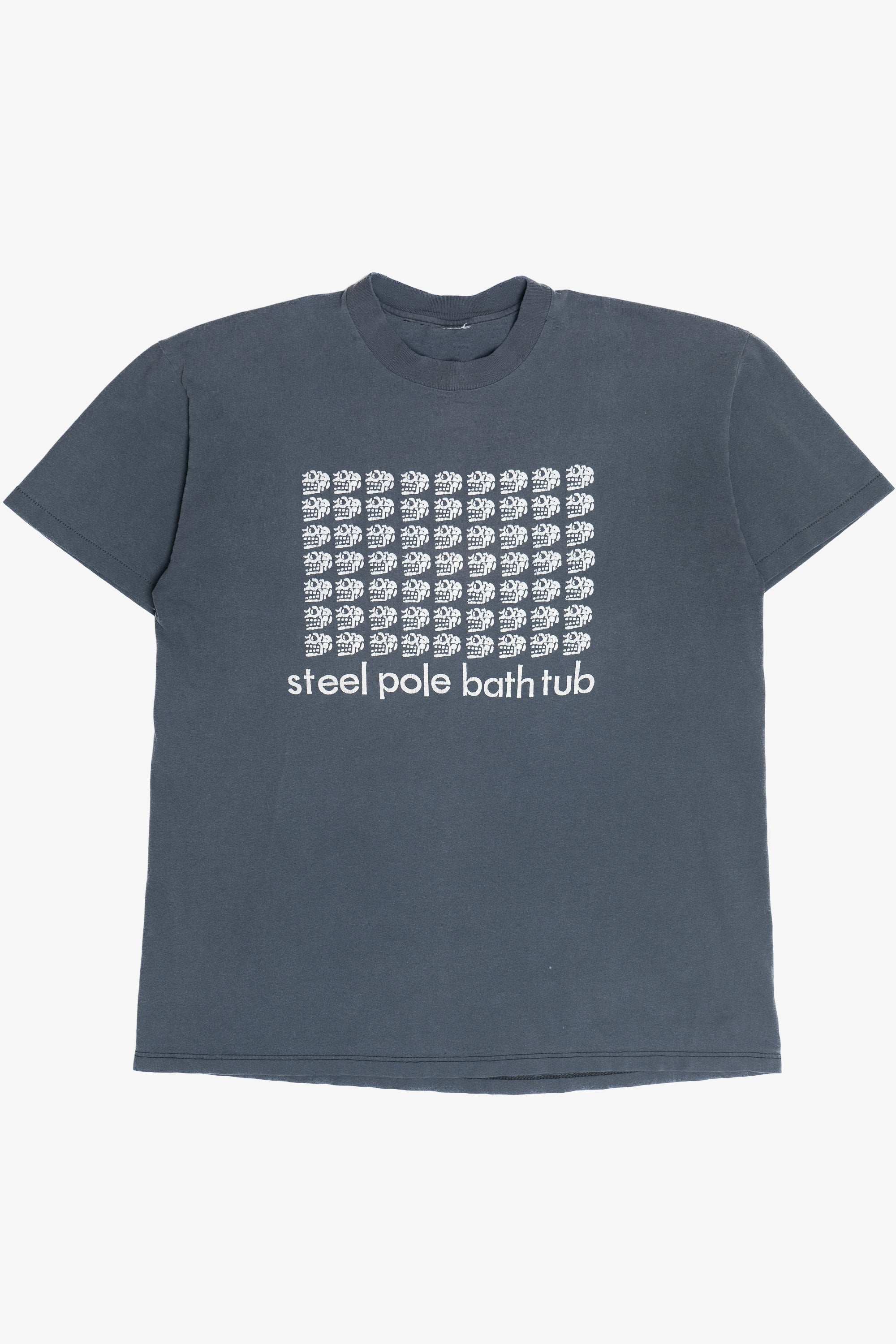 Vintage dark gray Steel Pole Bath Tub punk band t-shirt with white graphic print from the 1990s era