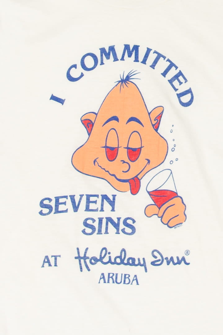 Vintage "Committed Seven Sins At Holiday Inn Aruba" T-Shirt (1980s)