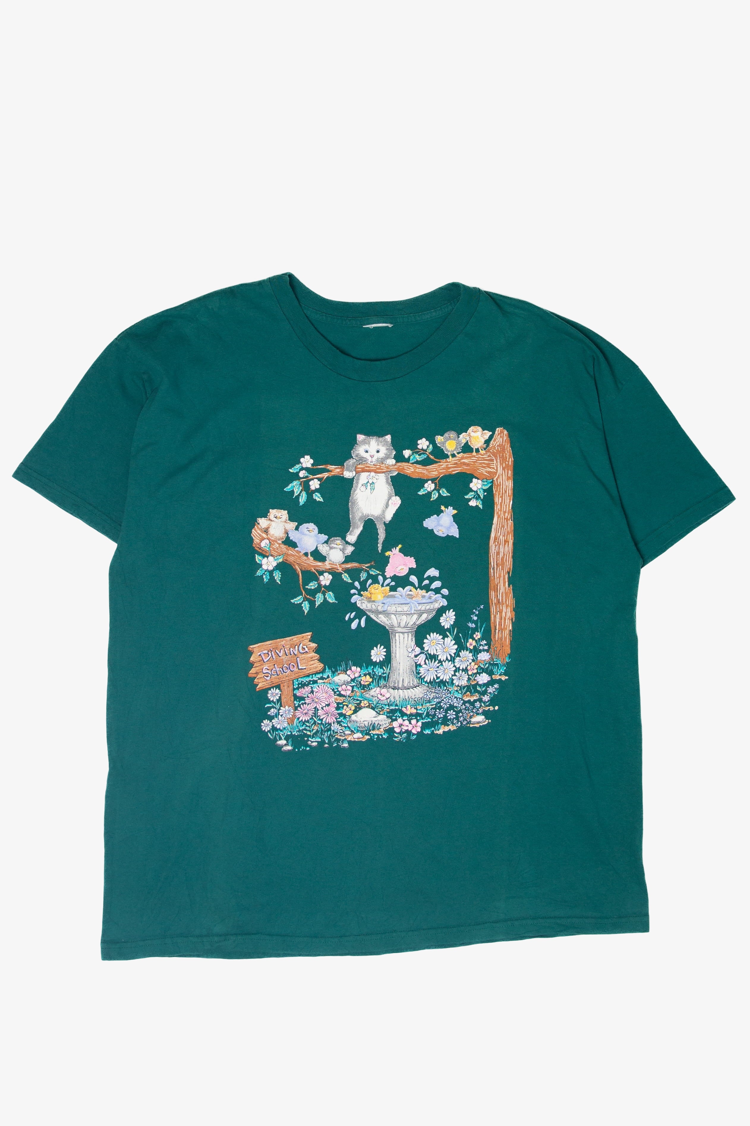 Vintage "Diving School" Birdbath Cat T-Shirt (2000s)