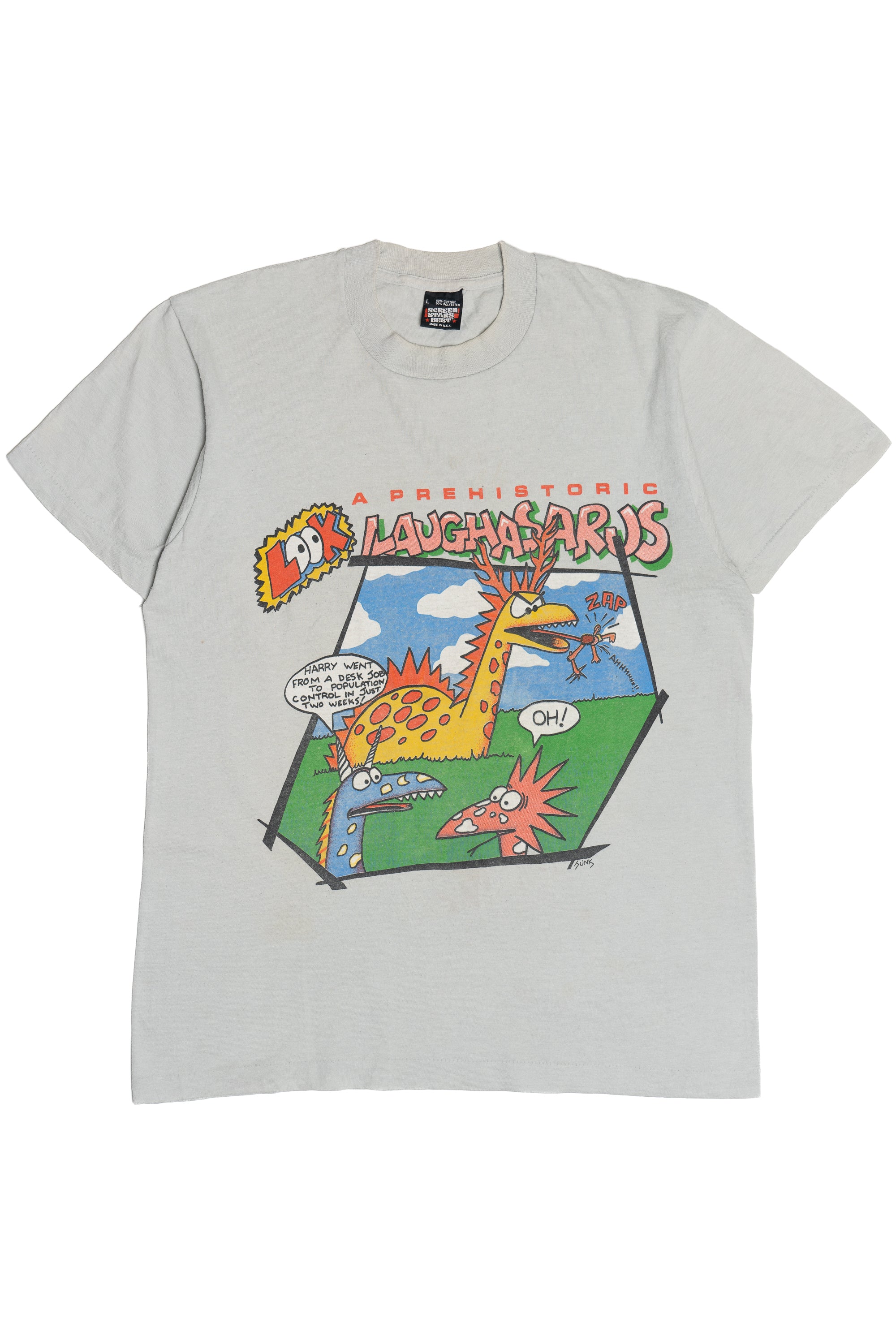 Vintage "Prehistoric Laughasarus" Dinosaur Comic T-Shirt (1990s)
