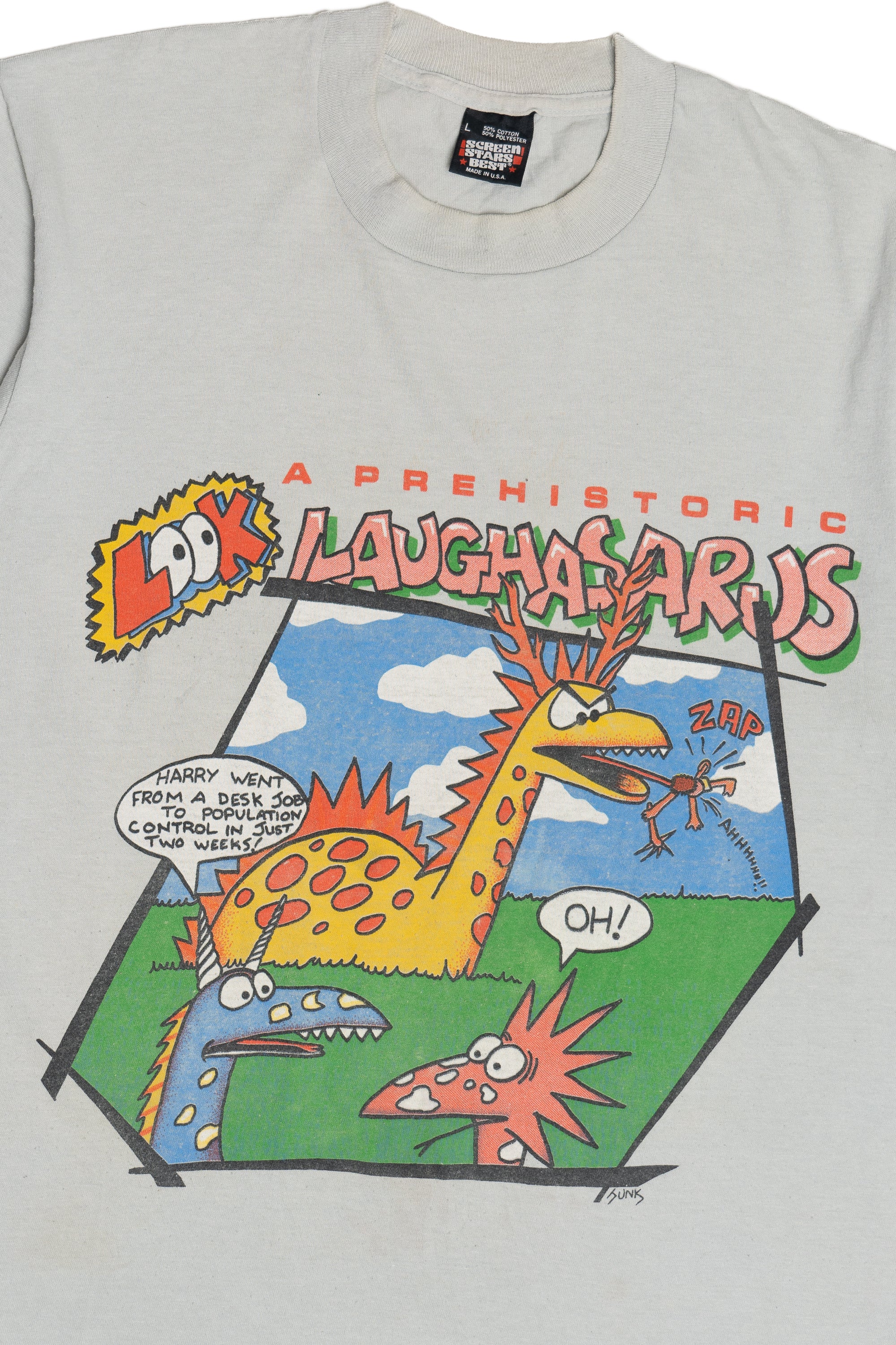 Vintage "Prehistoric Laughasarus" Dinosaur Comic T-Shirt (1990s)