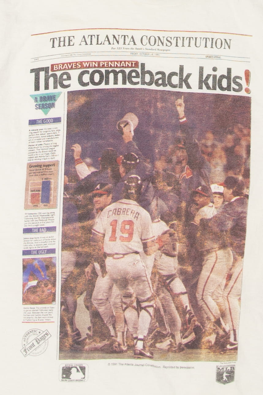 Vintage Newspaper Braves Win Pennant "The Comeback Kids!" T-Shirt (1990s)