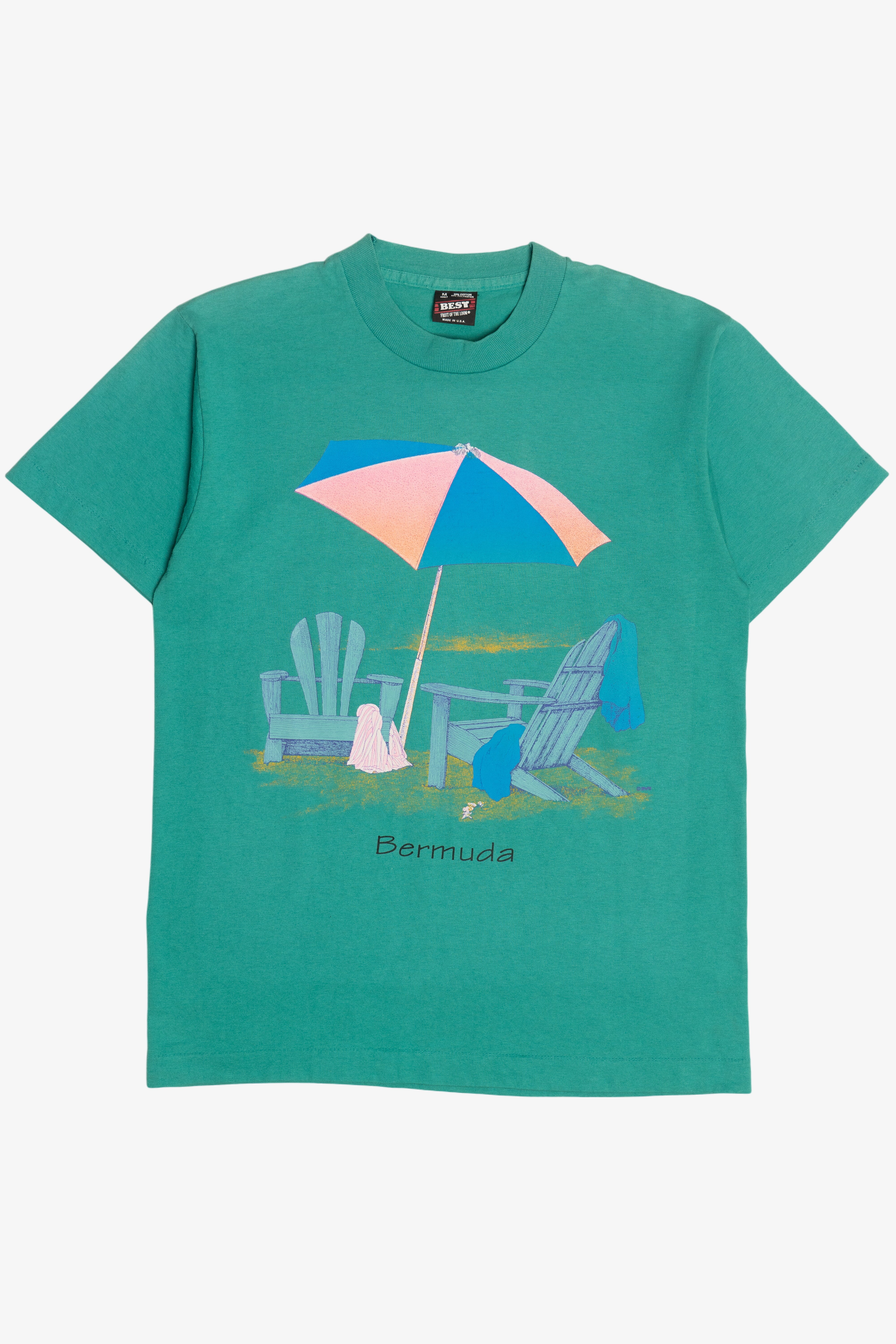 Vintage "Bermuda" Beach Umbrella Scene Single Stitch T-Shirt (1990s)