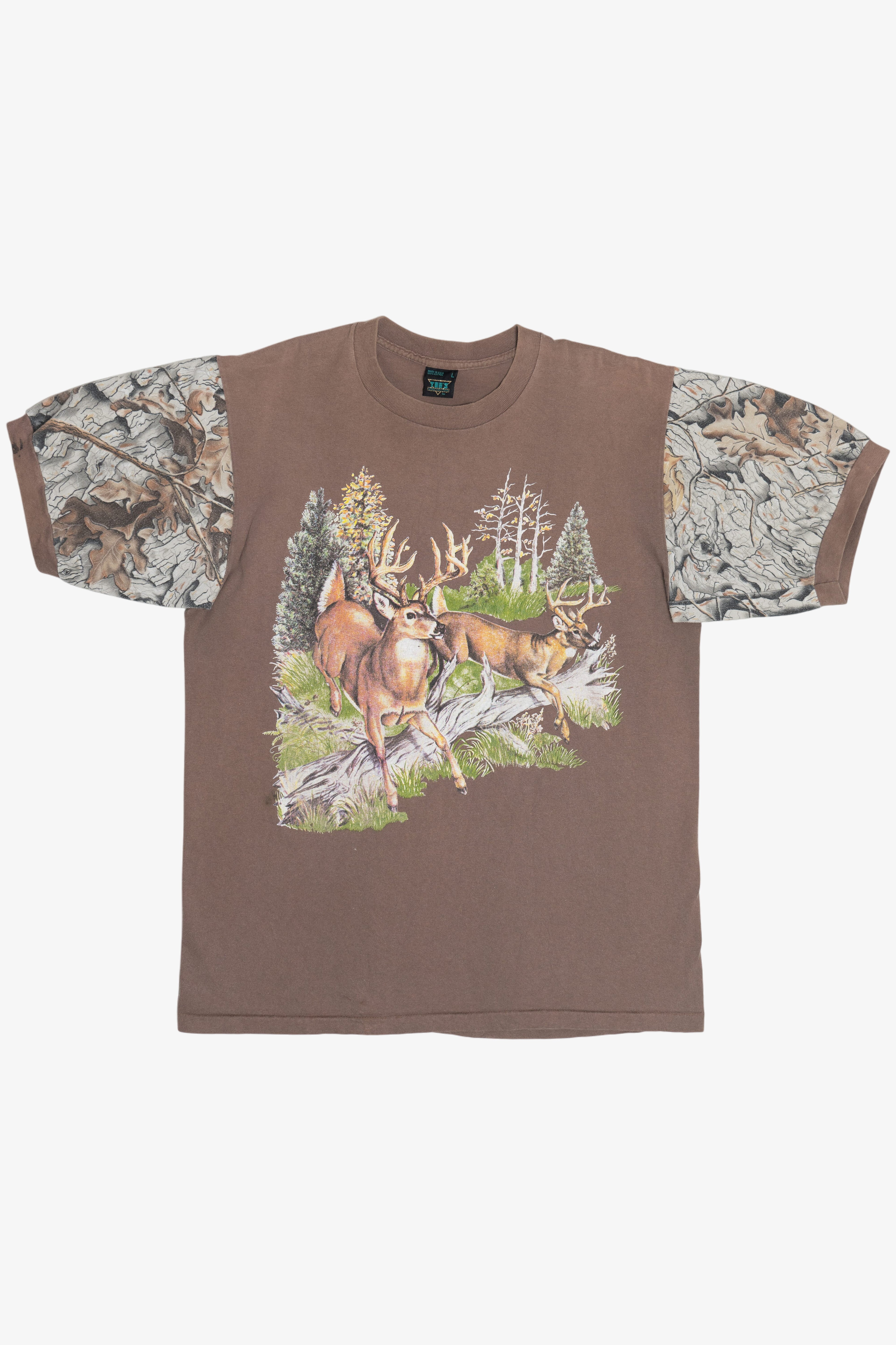 Vintage "Tennessee" Deer In Forest Camo Sleeve Ringer T-Shirt (1990s)