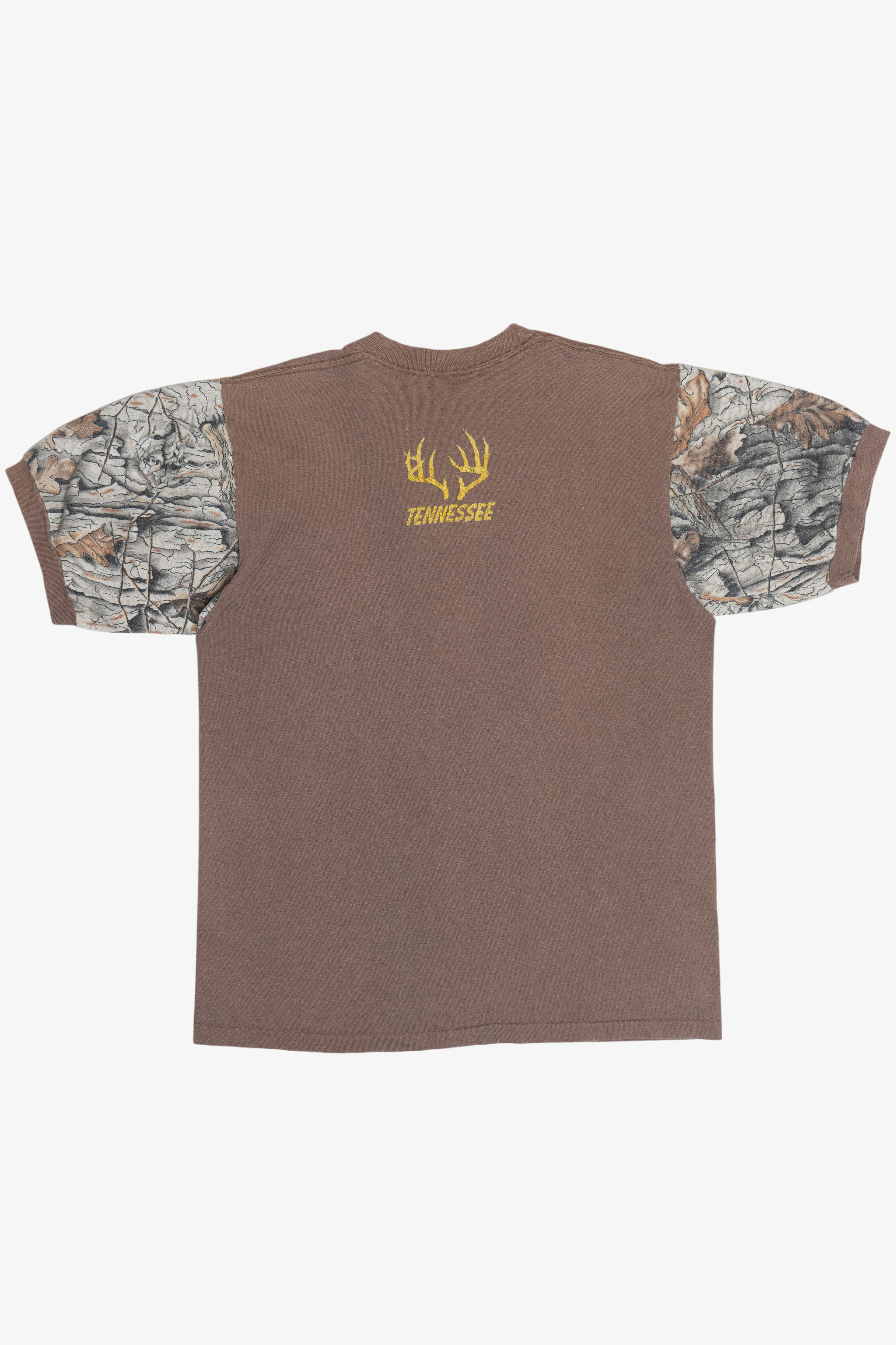 Vintage "Tennessee" Deer In Forest Camo Sleeve Ringer T-Shirt (1990s)