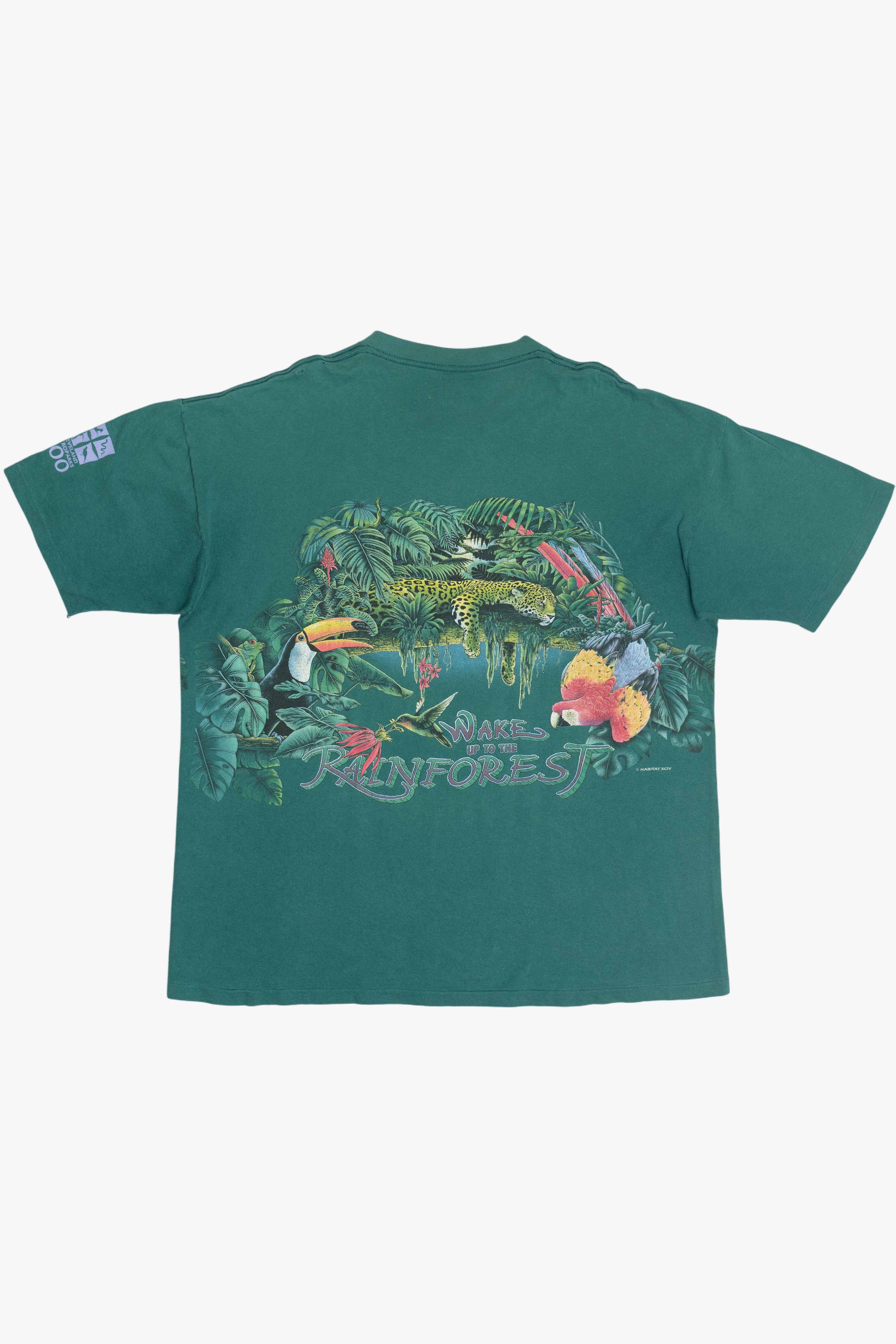 Vintage "Wake Up To The Rainforest" Wraparound Print T-Shirt (1990s)