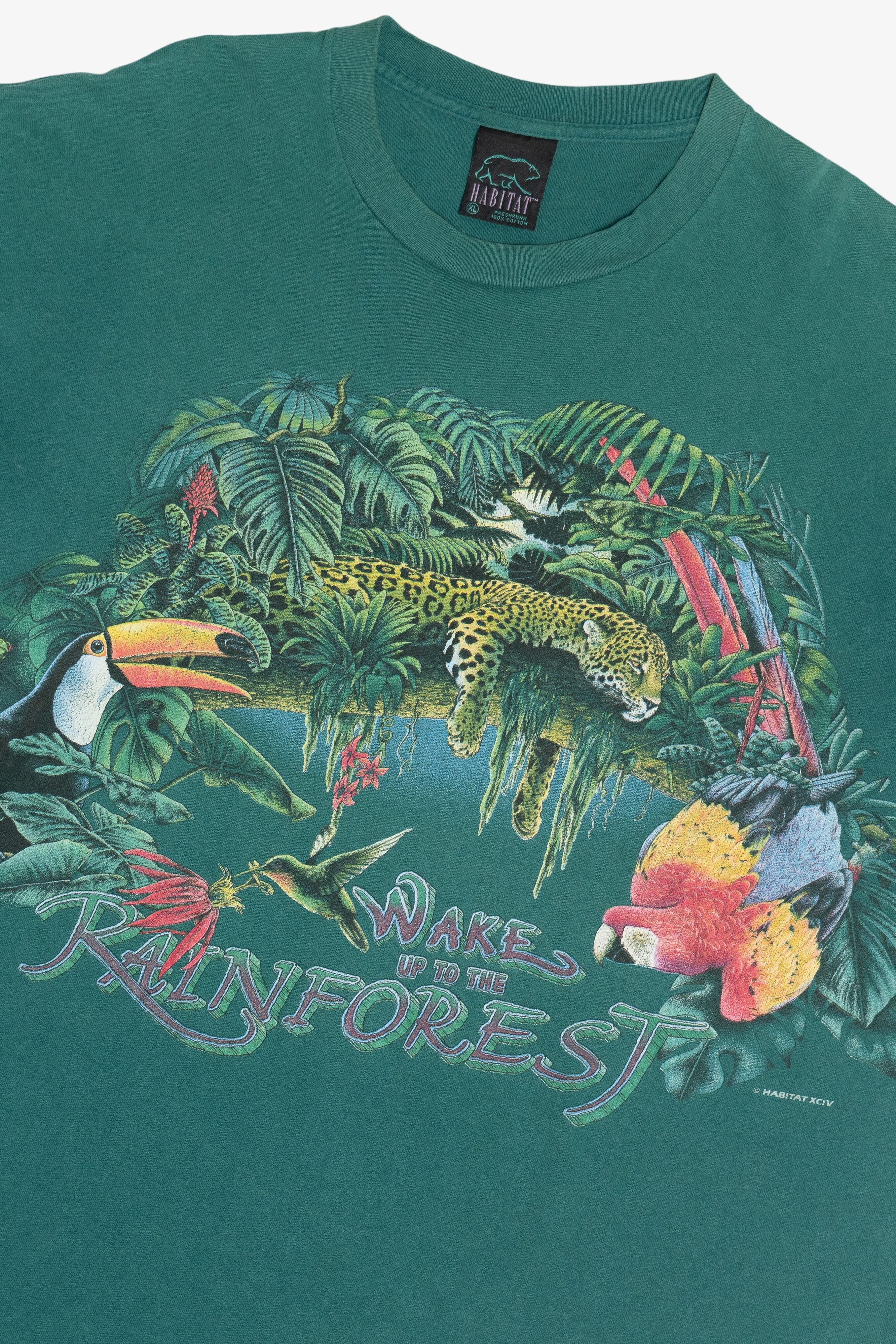 Vintage "Wake Up To The Rainforest" Wraparound Print T-Shirt (1990s)