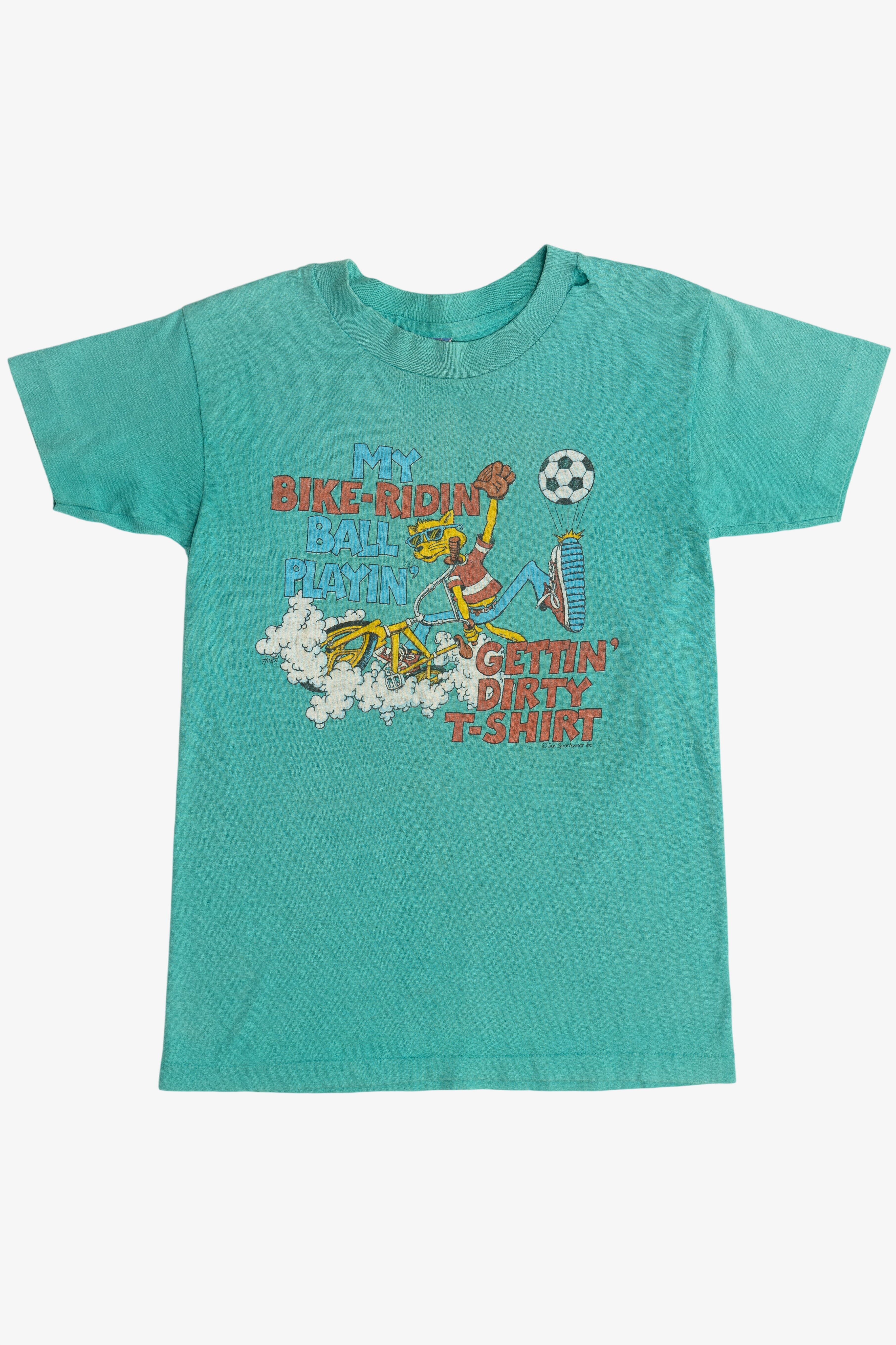 Vintage "My Bike-Ridin Ball Playin' Gettin' Dirty T-Shirt" Cool Cat Illustration T-Shirt (1990s)