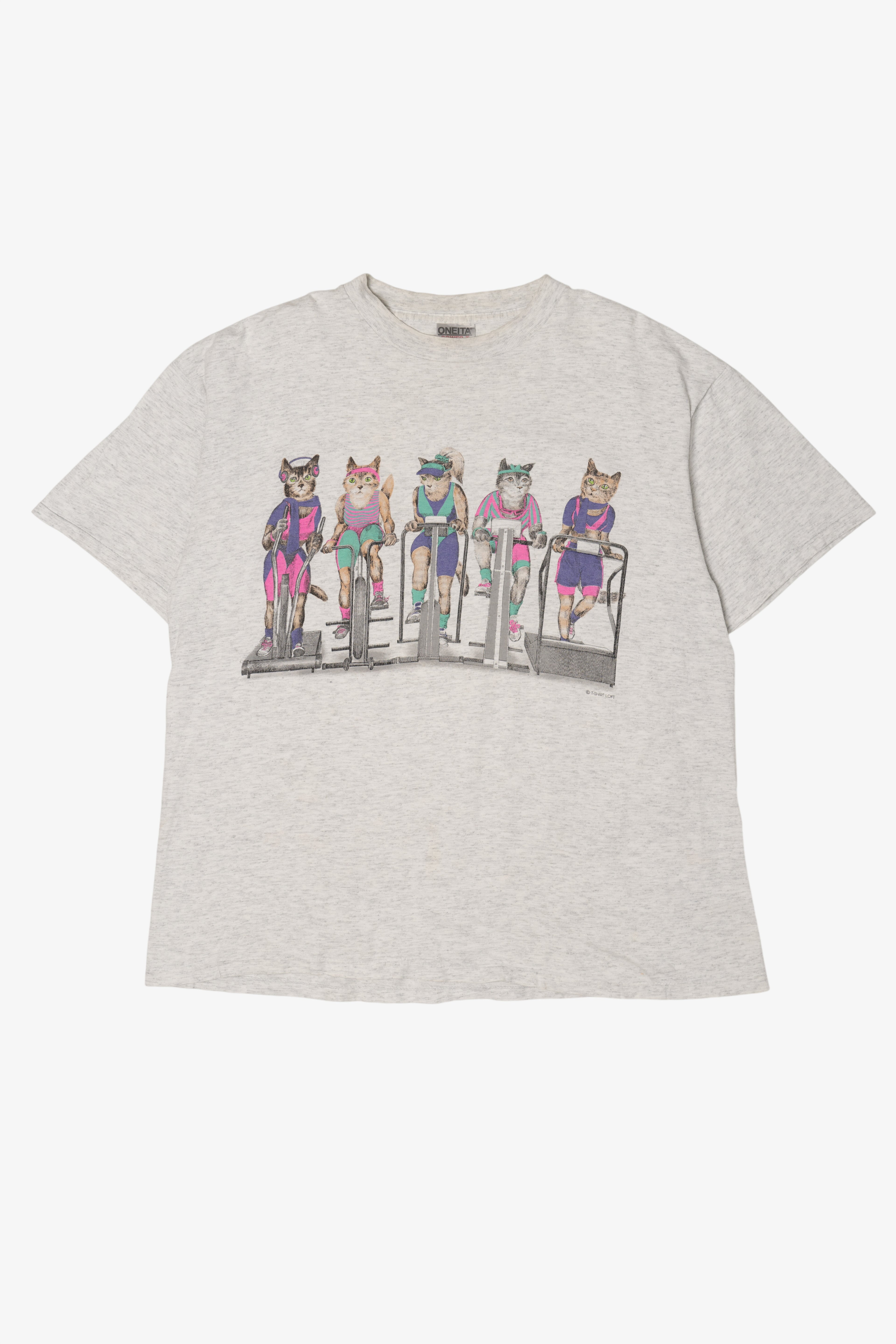 Vintage Exercise Cat Front/Back Single Stitch T-Shirt (1990s)