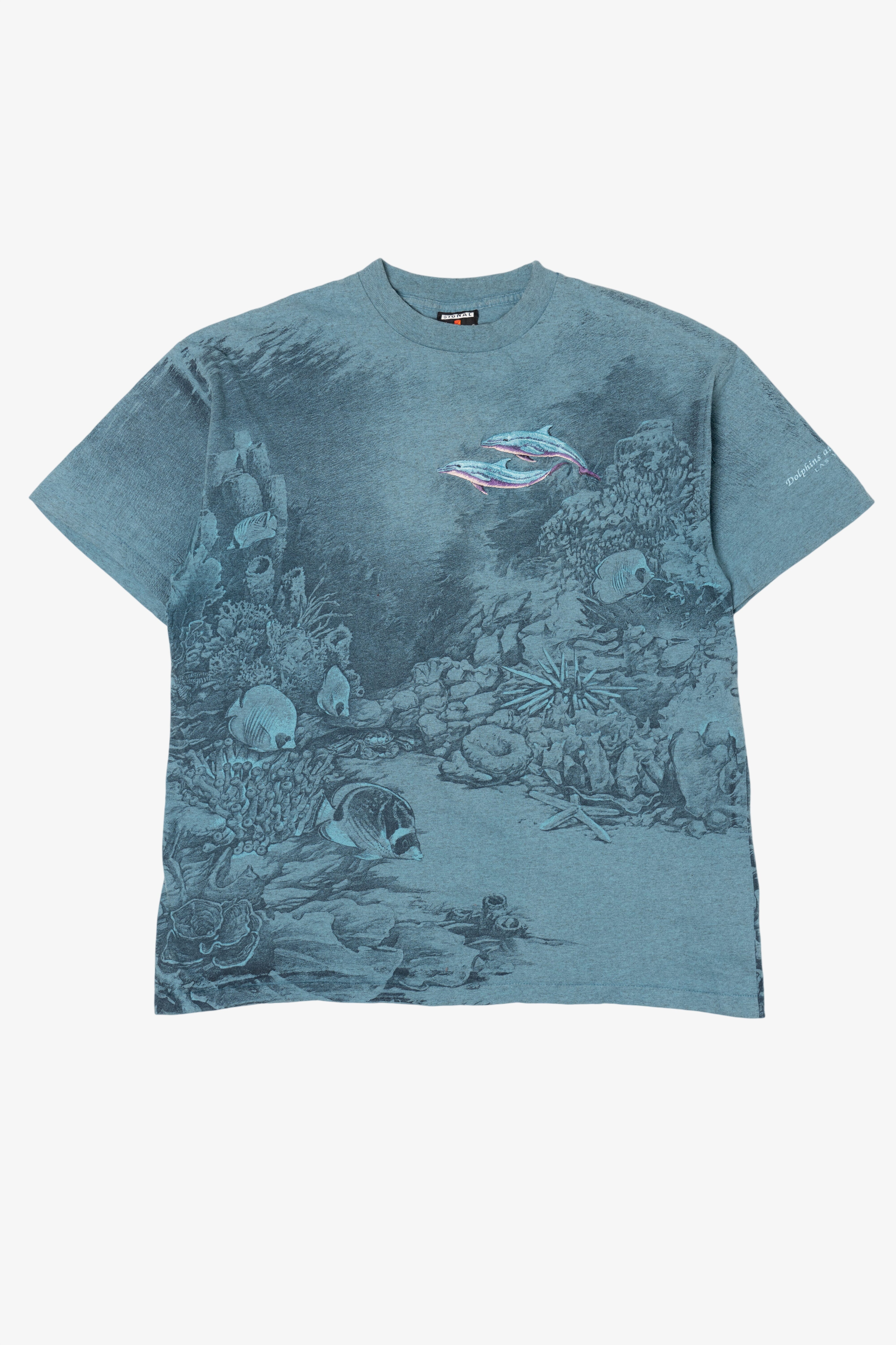 Vintage Embroidered Dolphins Underwater Scene All Over Print Single Stitch T-Shirt (1990s)