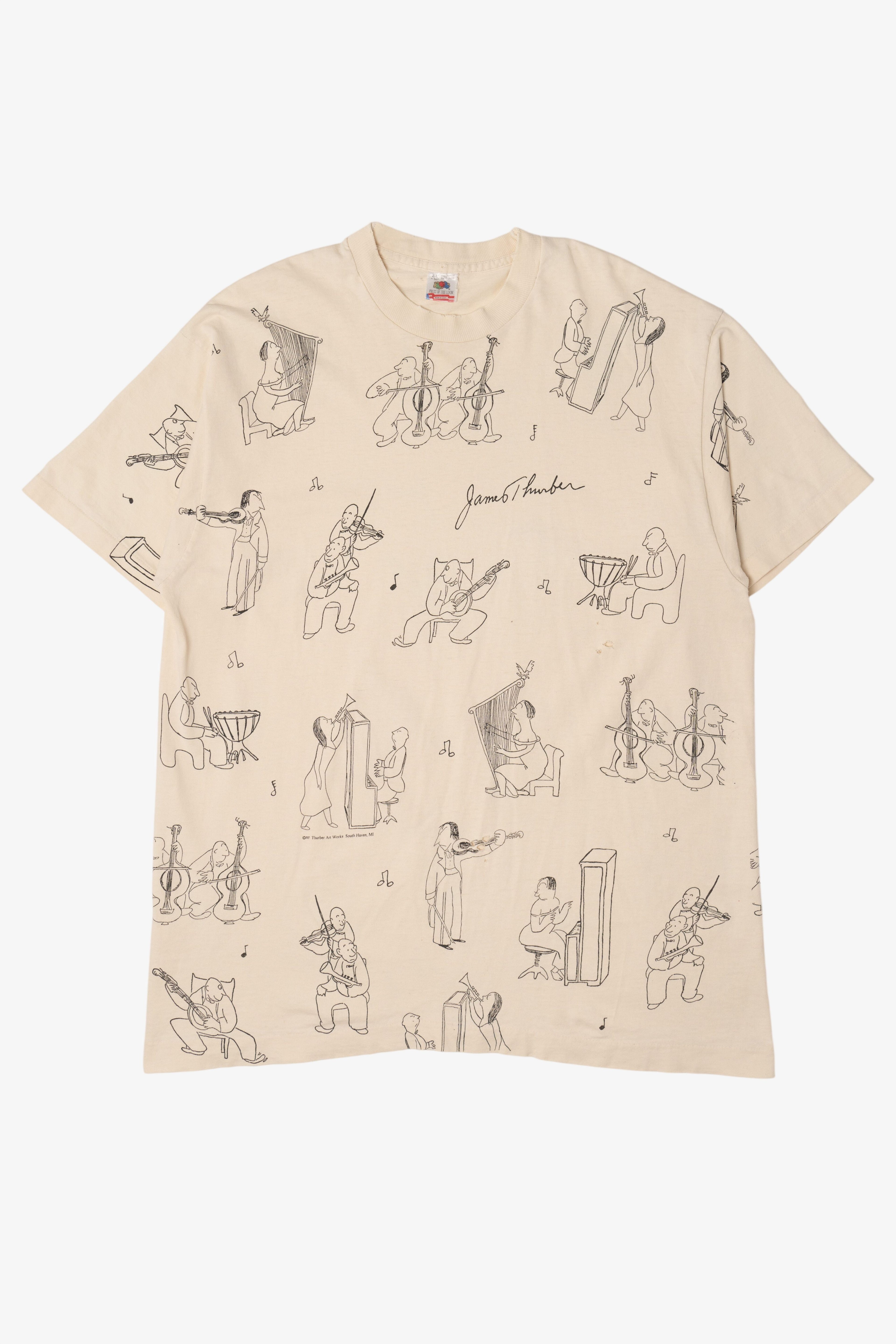 Vintage Distressed James Thurber Musicians All Over Print Single Stitch T-Shirt (1990s)