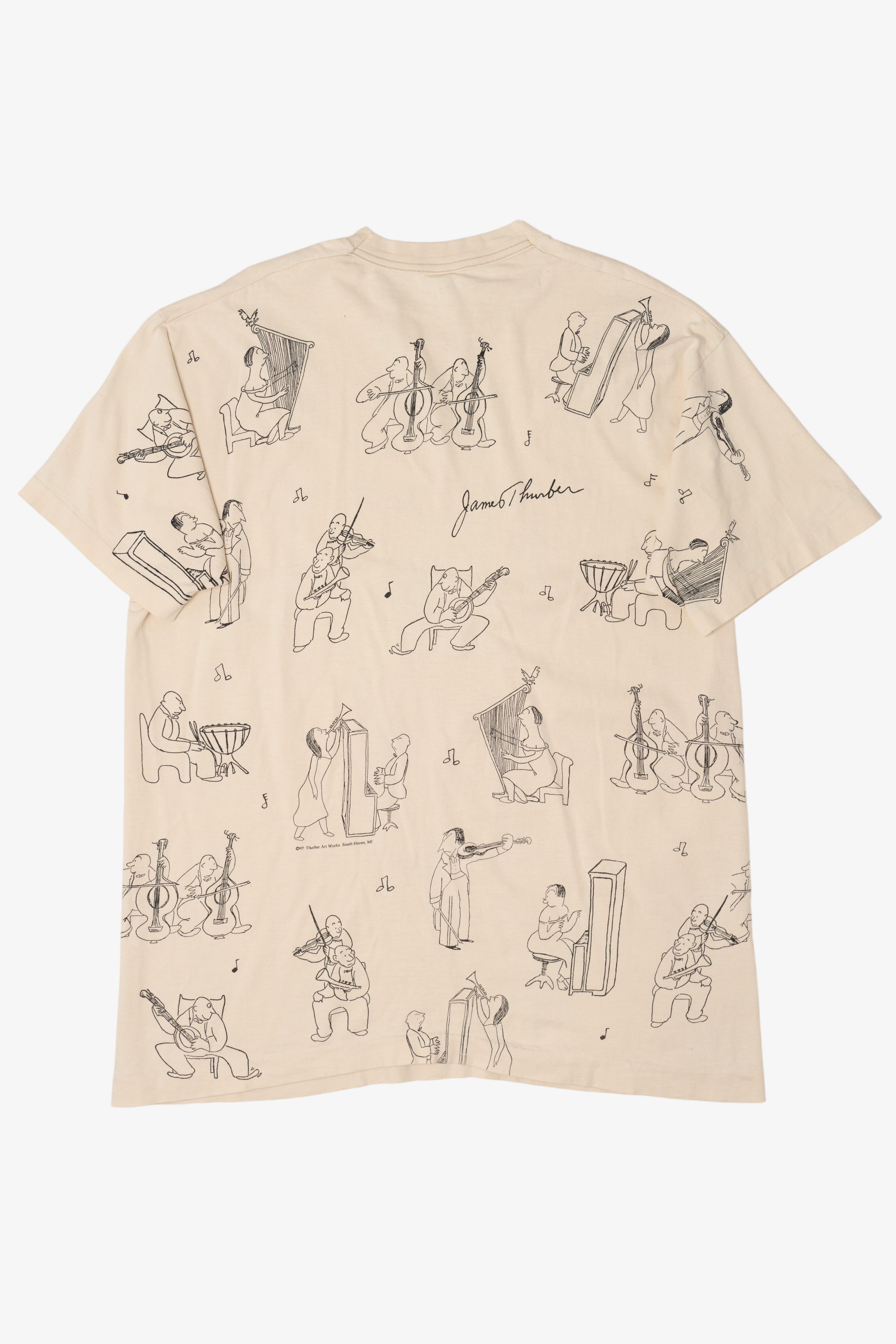 Vintage Distressed James Thurber Musicians All Over Print Single Stitch T-Shirt (1990s)