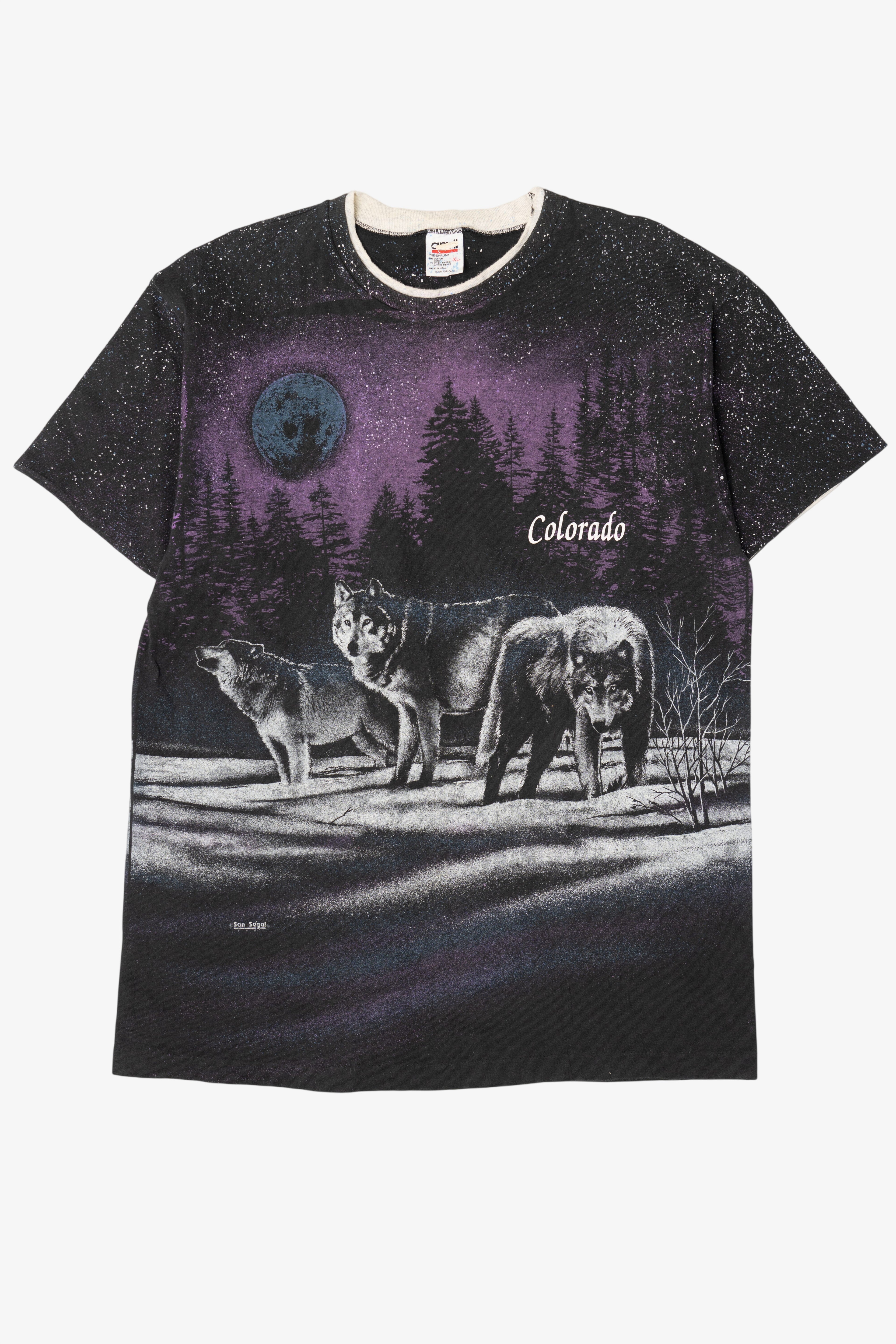 Vintage Colorado Wolves Under Moon All Over Print T-Shirt (1990s)