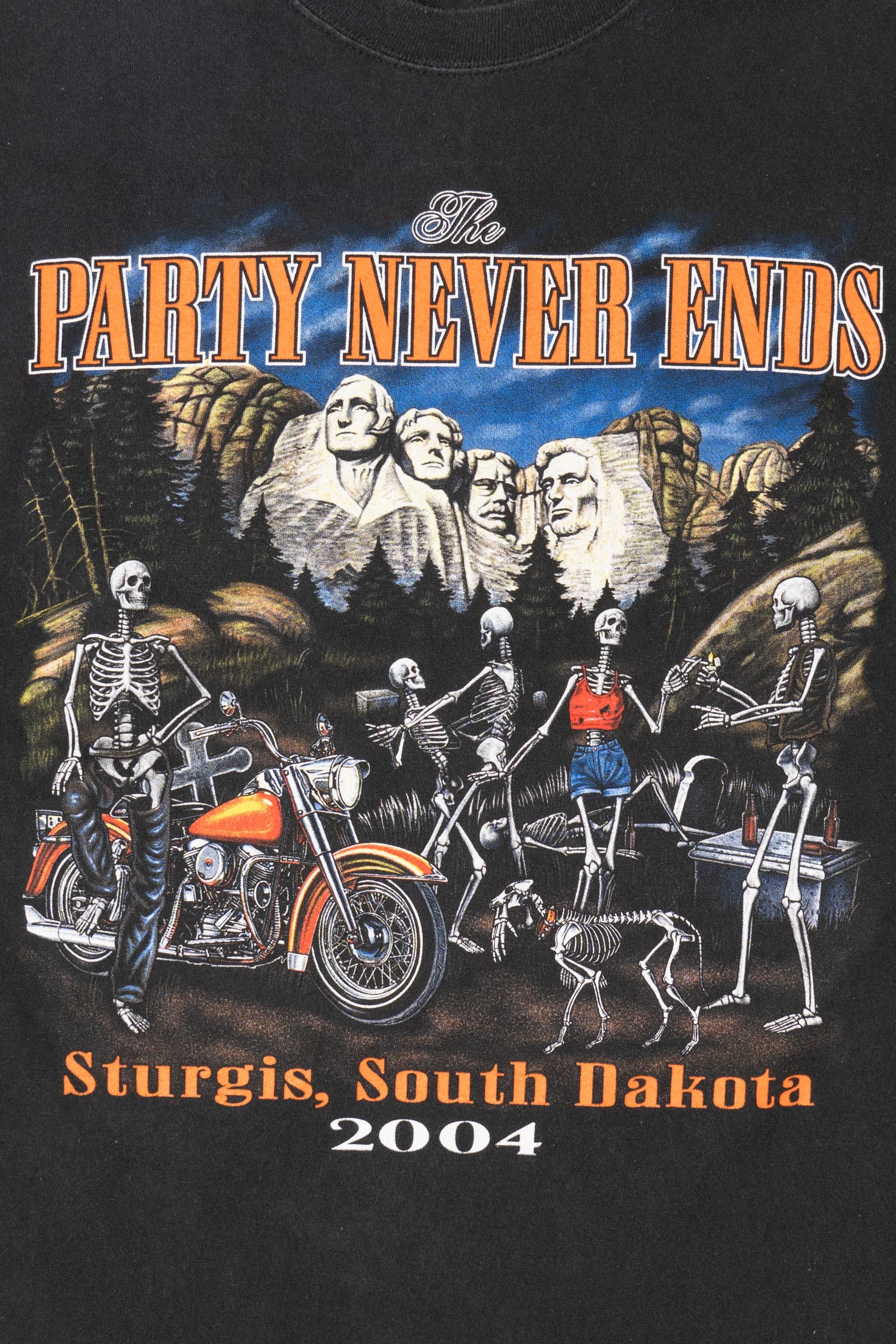 Vintage "The Party Never Ends" Skeletons At Mount Rushmore Sturgis T-Shirt (2000s)