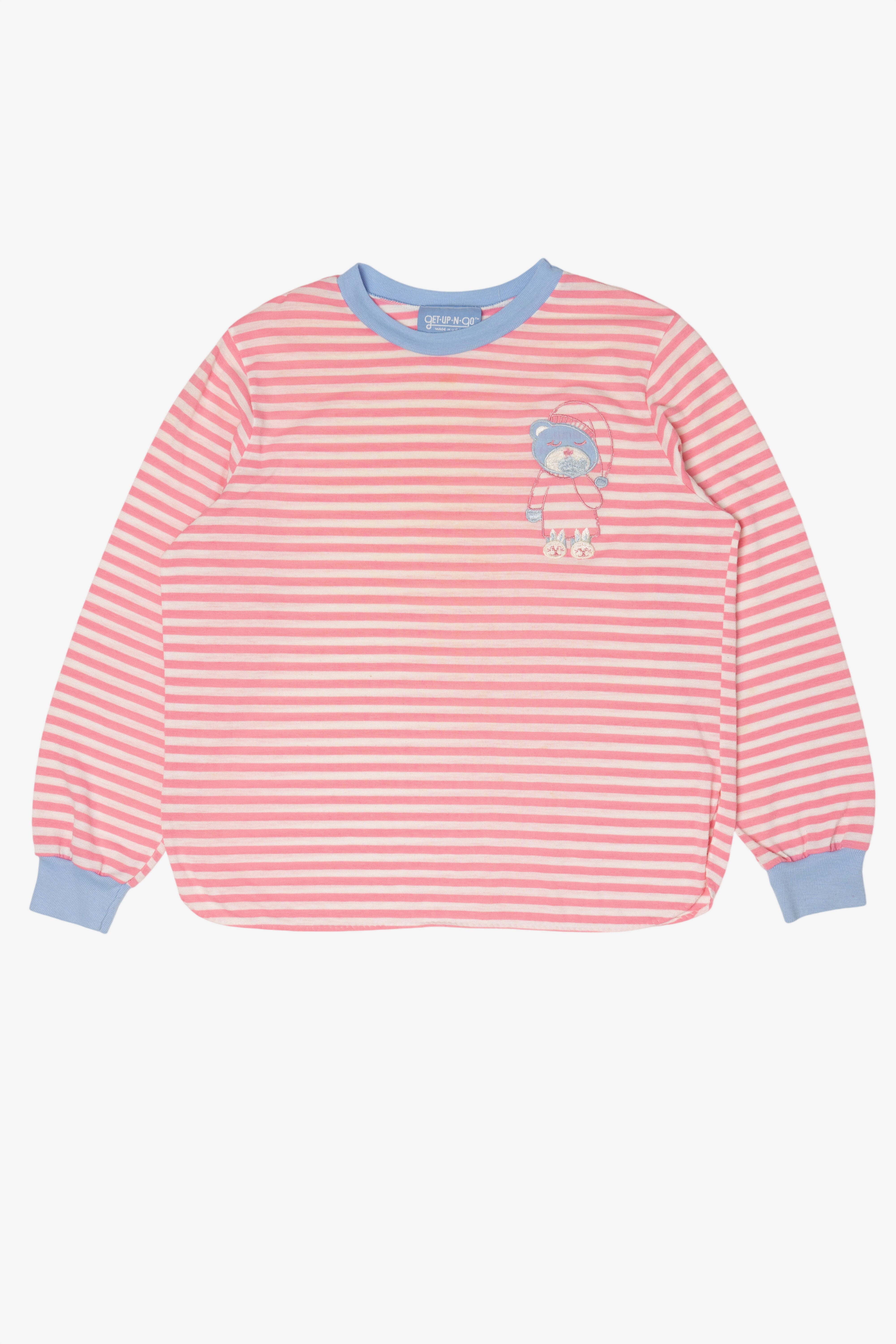 Vintage Pink Striped Embroidered Pajama Long Sleeve T-Shirt (1980s)