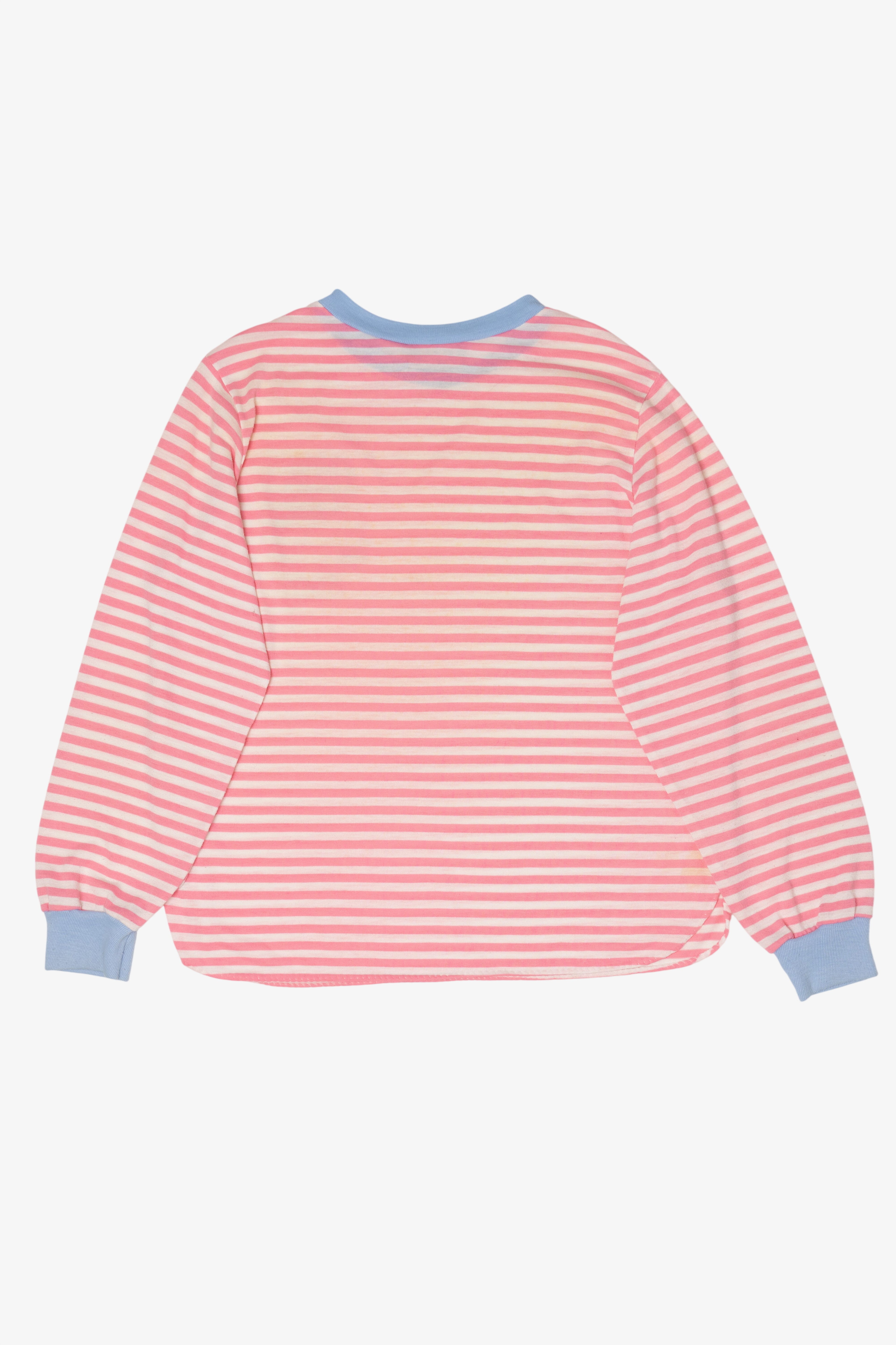 Vintage Pink Striped Embroidered Pajama Long Sleeve T-Shirt (1980s)
