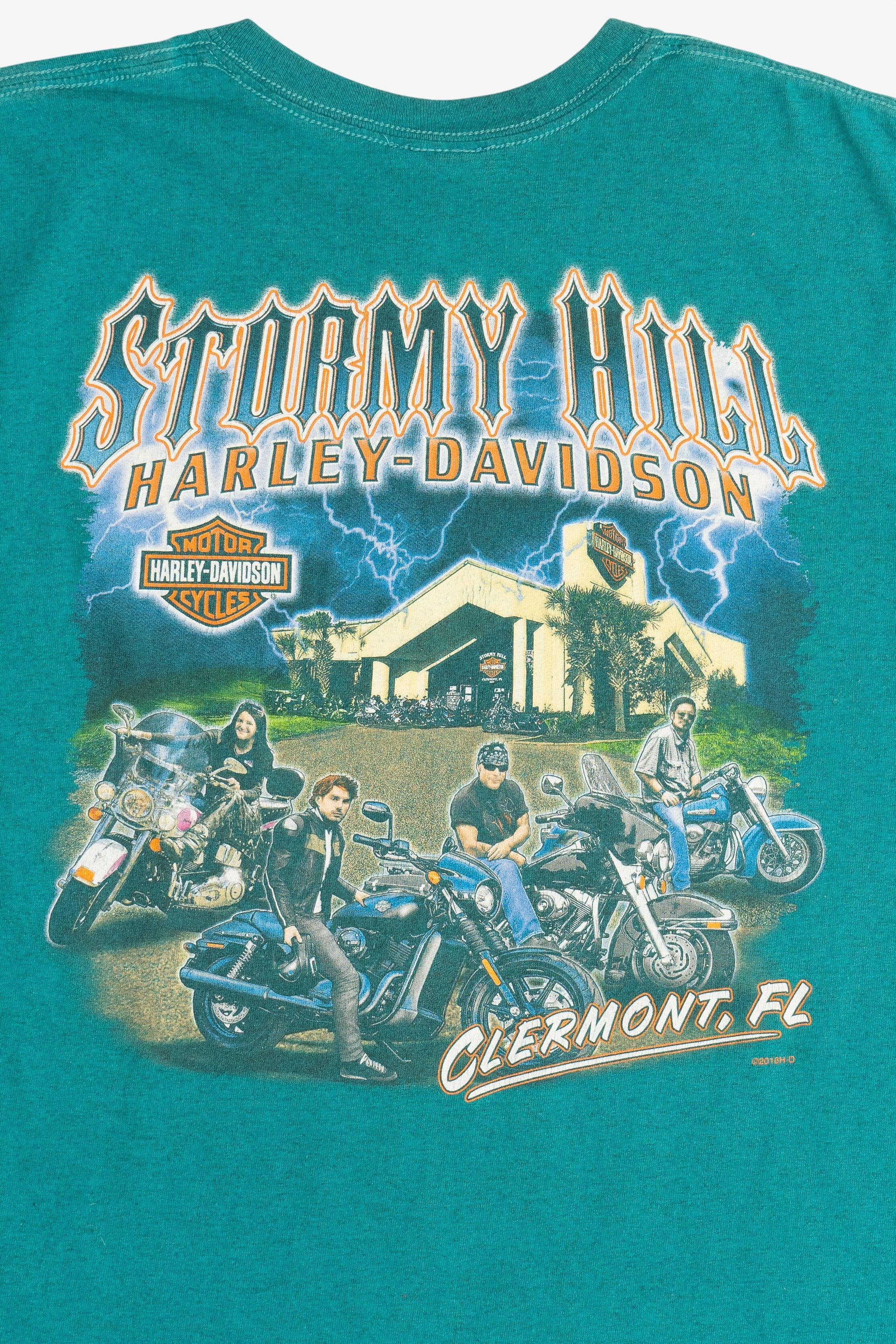 Distressed Harley Davidson Motorcycles "Stormy Hill" "Clermont, FL" T-Shirt (2010s)