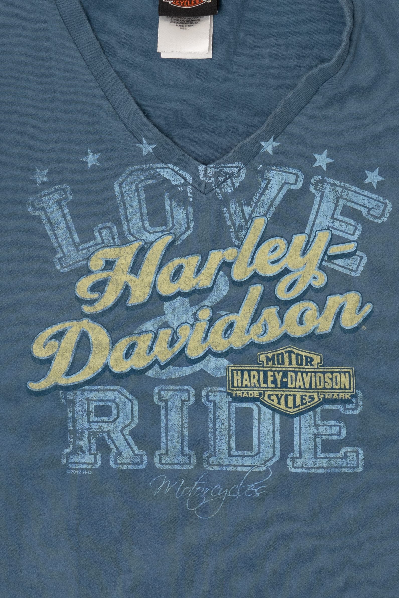 Blue Harley Davidson "Love & Ride" V-Neck T-Shirt (2010s)