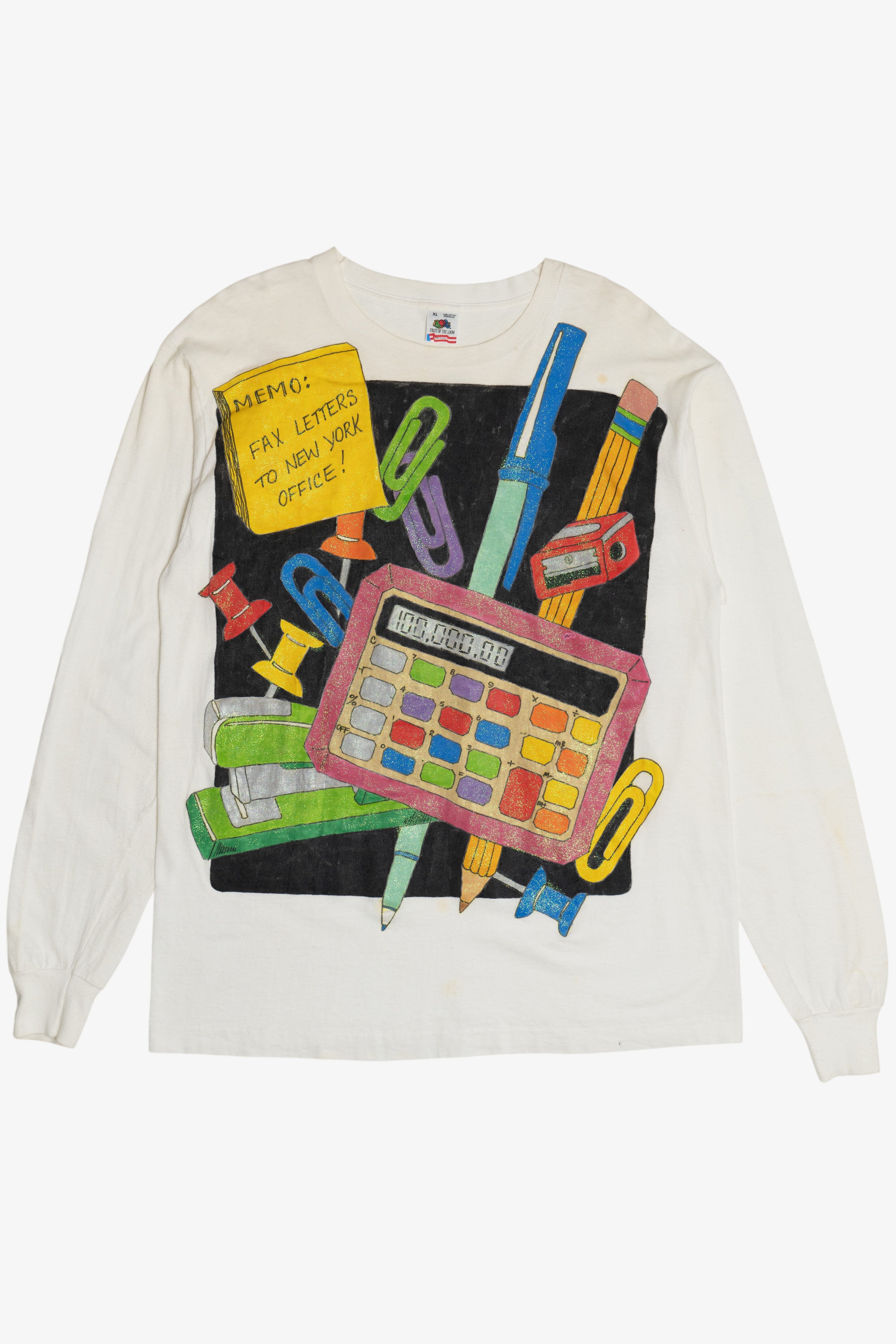 Vintage Hand Painted "Fax Letters To New York Office!" Office Supplies Long Sleeve T-Shirt (1990s)