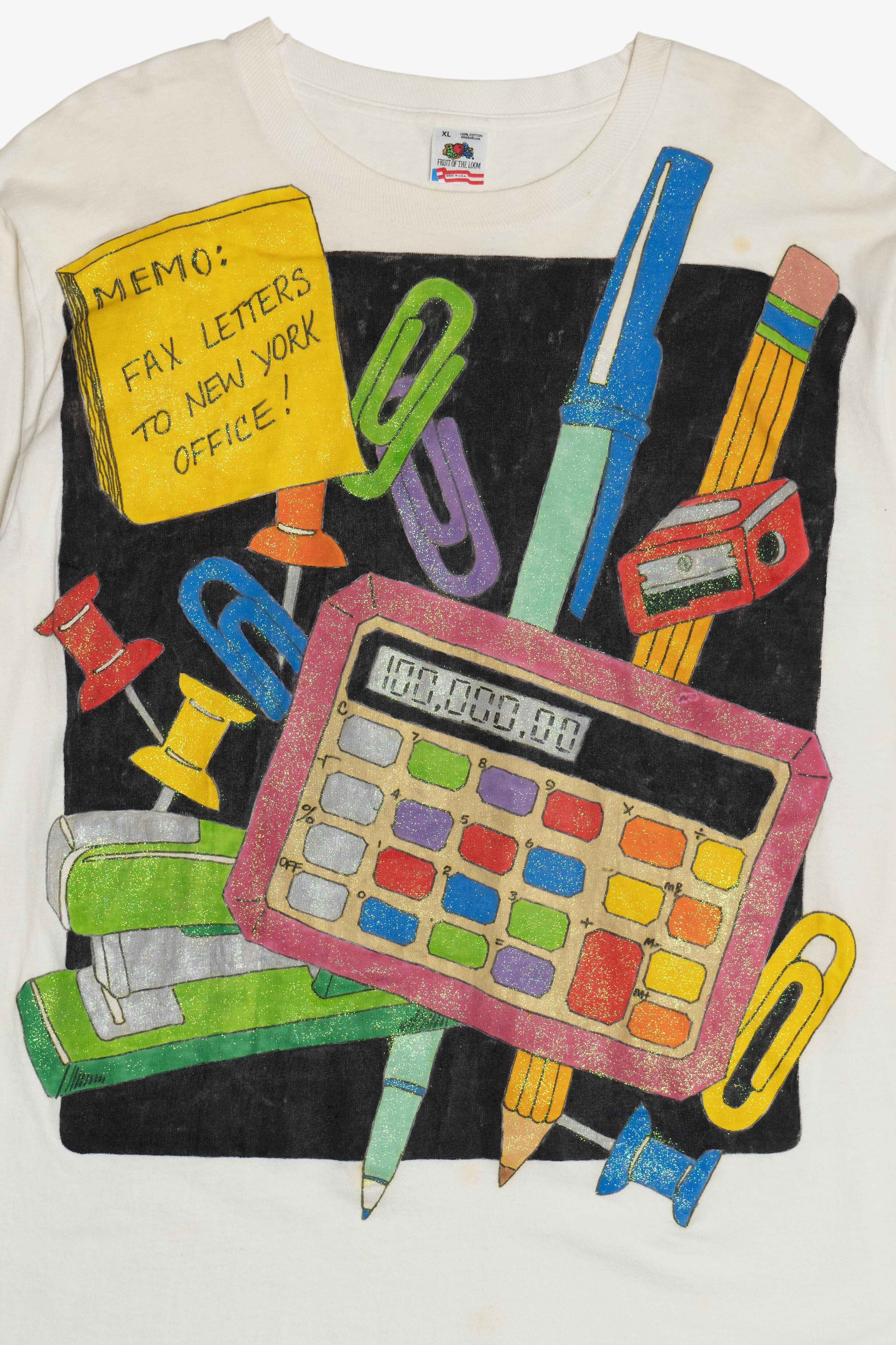 Vintage Hand Painted "Fax Letters To New York Office!" Office Supplies Long Sleeve T-Shirt (1990s)