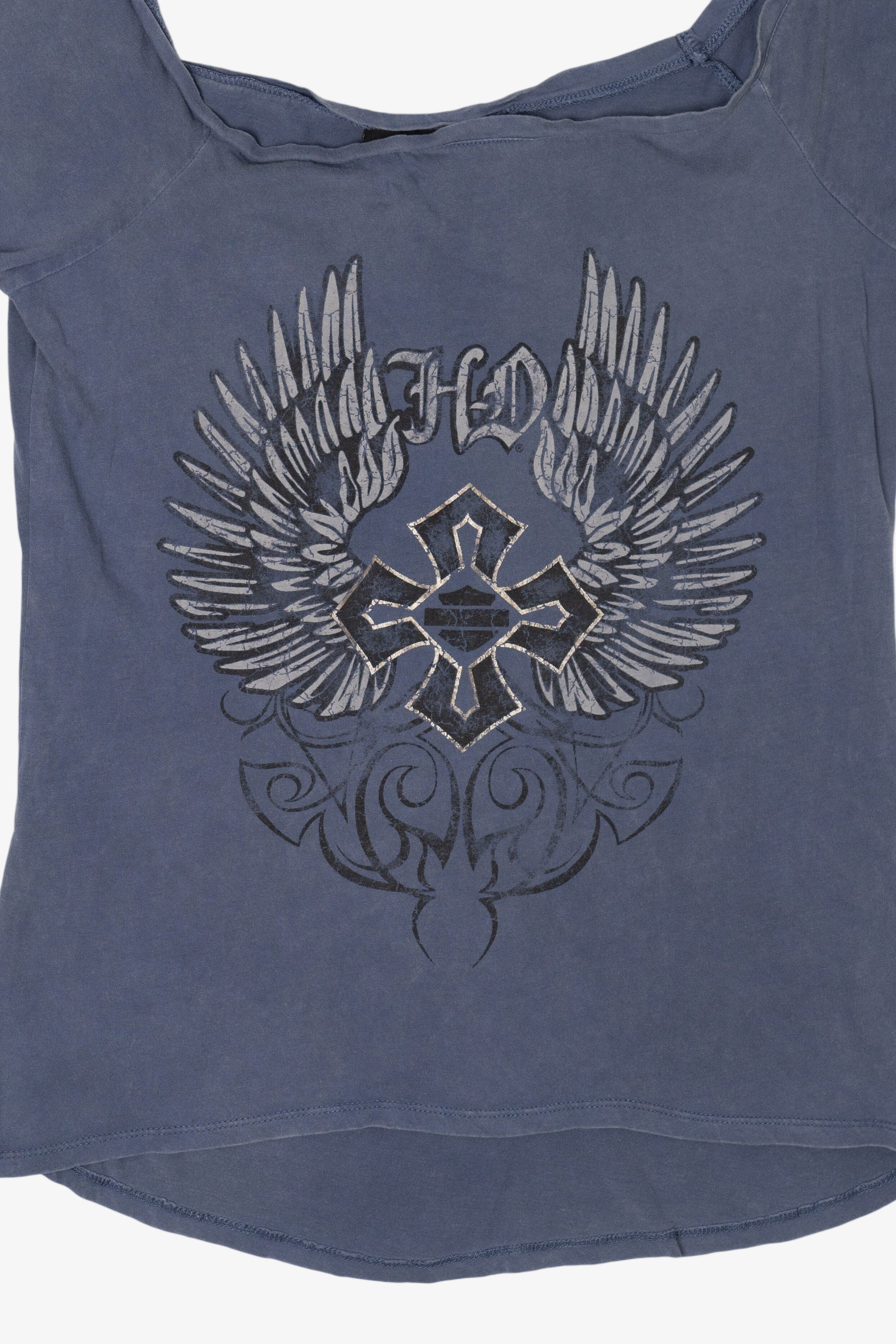 Blue Harley Davidson Wings And Cross Wide Neck T-Shirt (2000s)