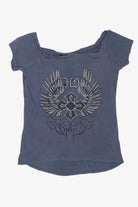 Blue Harley Davidson Wings And Cross Wide Neck T-Shirt (2000s)