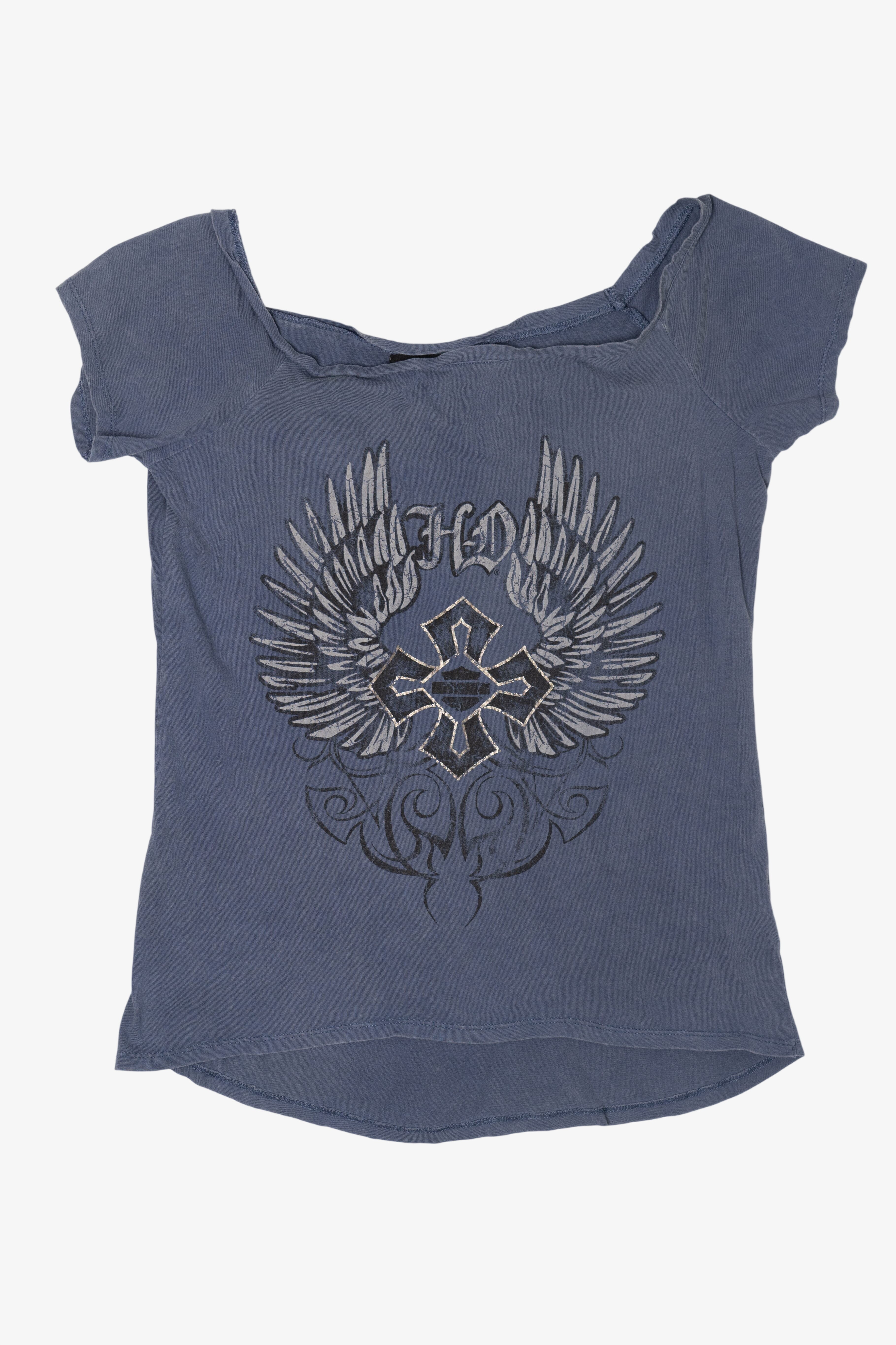 Blue Harley Davidson Wings And Cross Wide Neck T-Shirt (2000s)