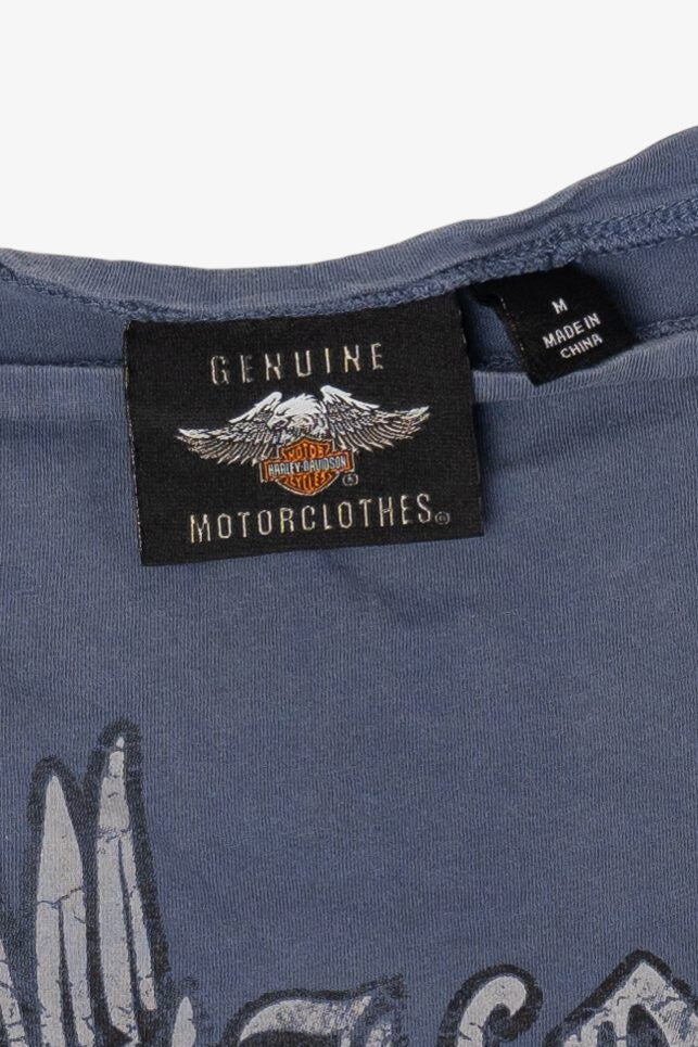 Blue Harley Davidson Wings And Cross Wide Neck T-Shirt (2000s)