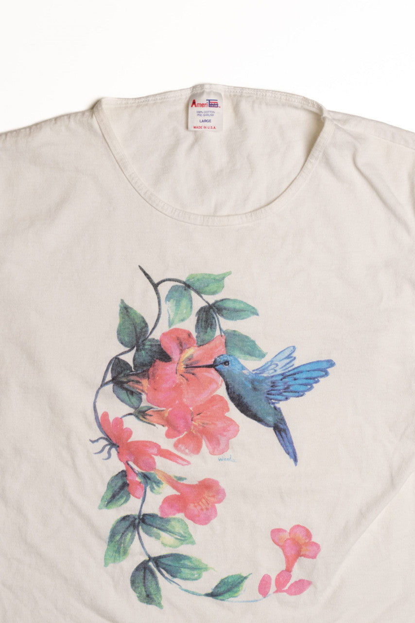 Hummingbird and Flowers Single Stitch T-Shirt