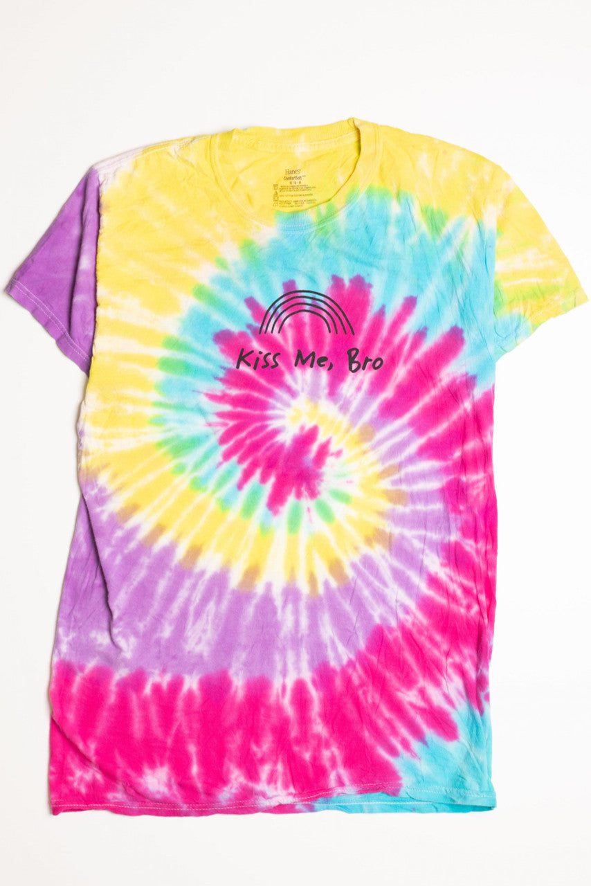 Kiss Me Bro Yellow Pink and Blue Tie Dye Screen Print T-Shirt