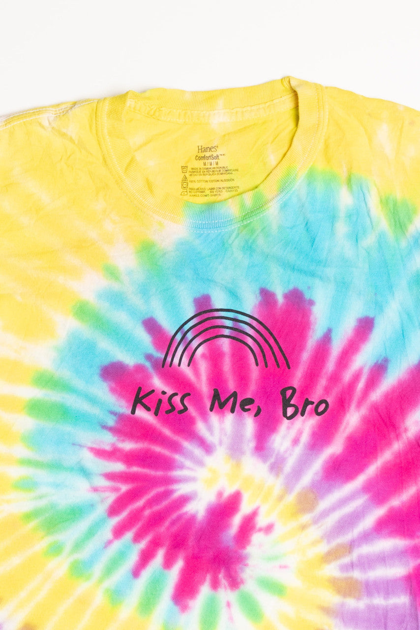 Kiss Me Bro Yellow Pink and Blue Tie Dye Screen Print T-Shirt