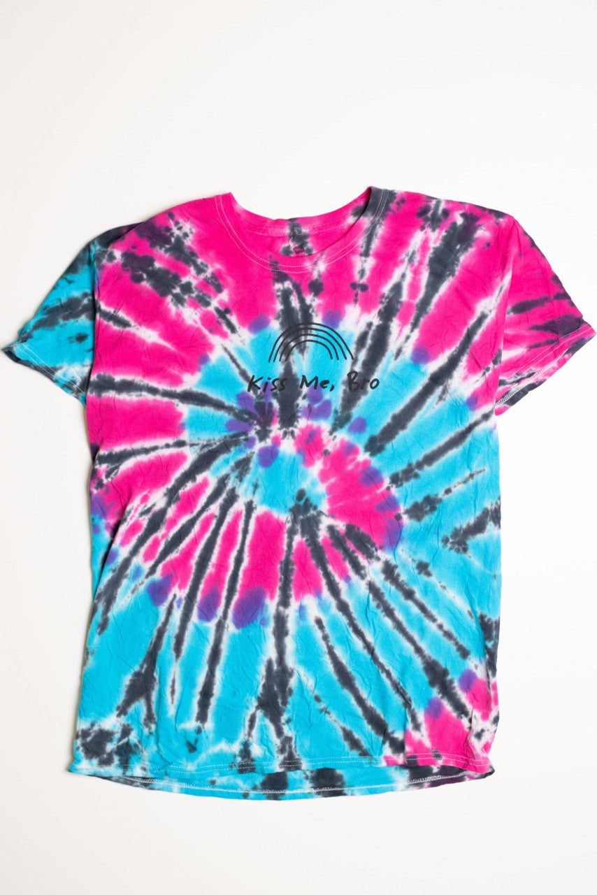 Kiss Me Bro Pink and Blue Tie Dye Screen Print T-Shirt