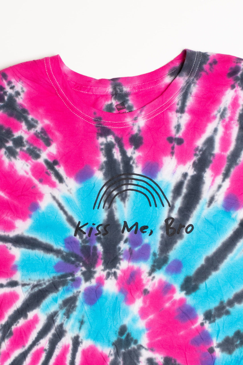 Kiss Me Bro Pink and Blue Tie Dye Screen Print T-Shirt