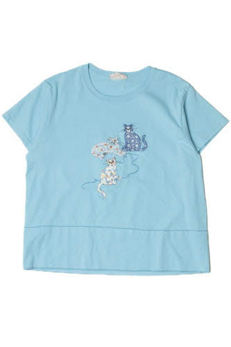 Upcycled Fabric Applique Embroidered Cats T-Shirt