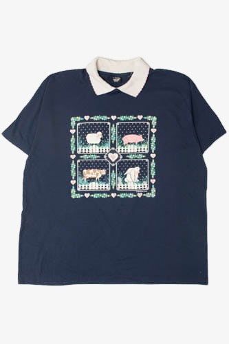 Vintage 1992 Farm Animal Built-In Collar Screen Stars T-Shirt