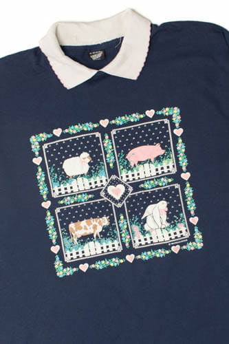 Vintage 1992 Farm Animal Built-In Collar Screen Stars T-Shirt