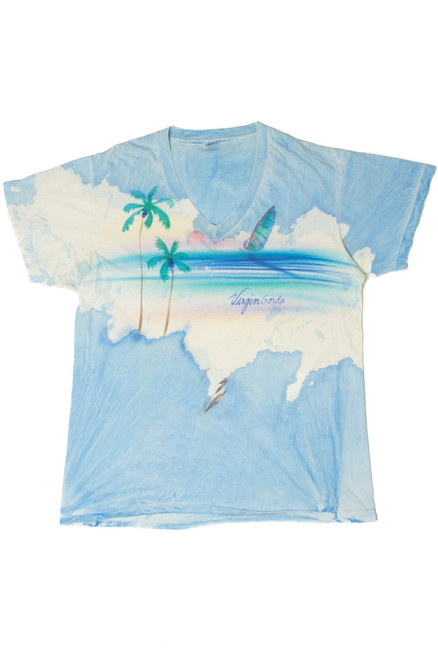 Vintage "Virgin Gorda" Island Hand Painted Tie Dye V-Neck T-Shirt