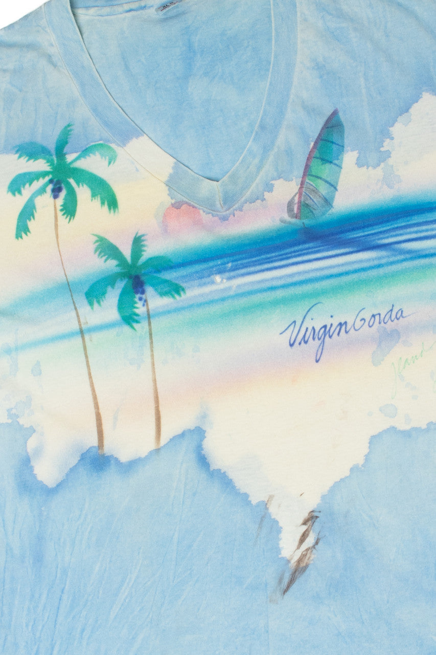 Vintage "Virgin Gorda" Island Hand Painted Tie Dye V-Neck T-Shirt