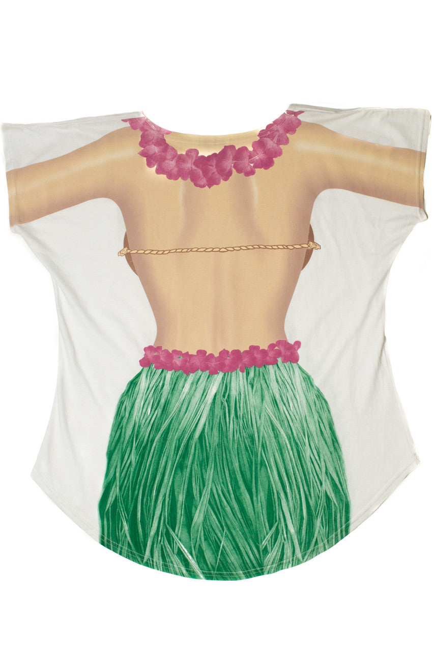 Vintage Hula Grass Skirt Beach Swimsuit Cover-Up T-Shirt (1990s)