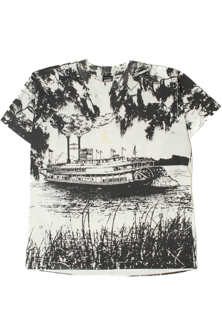 Vintage Riverboat Scene All Over Print Single Stitch T-Shirt