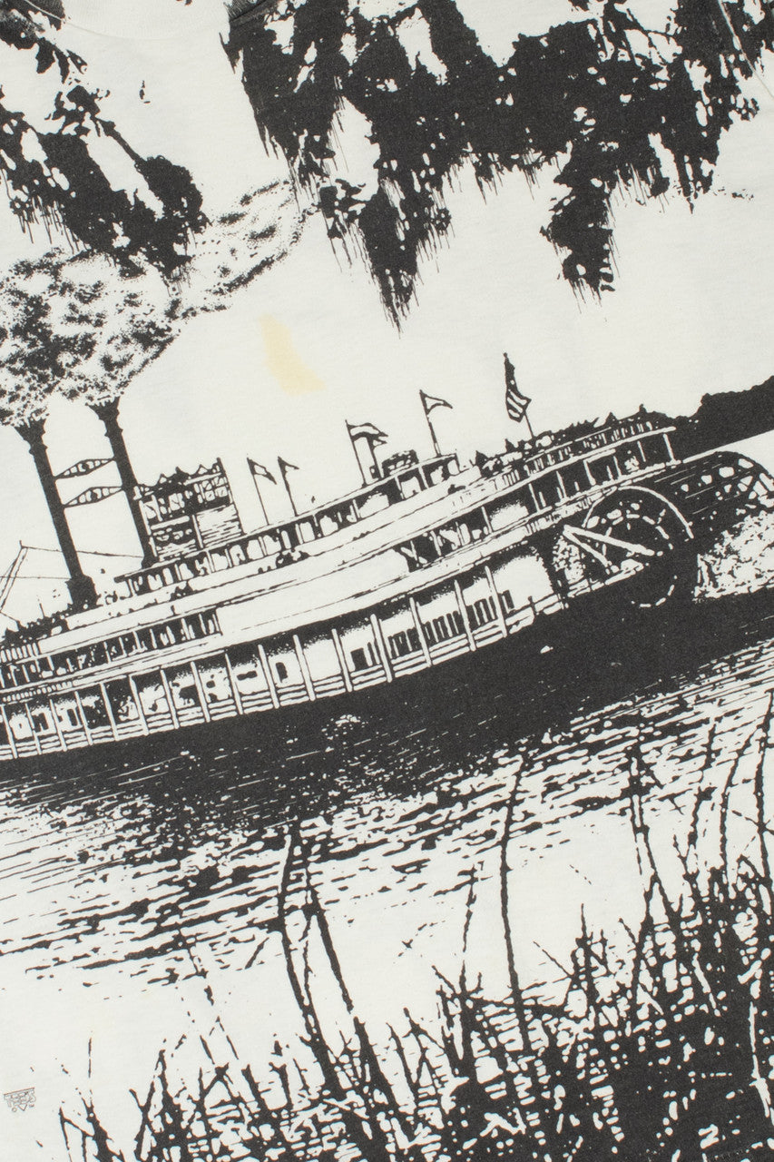 Vintage Riverboat Scene All Over Print Single Stitch T-Shirt