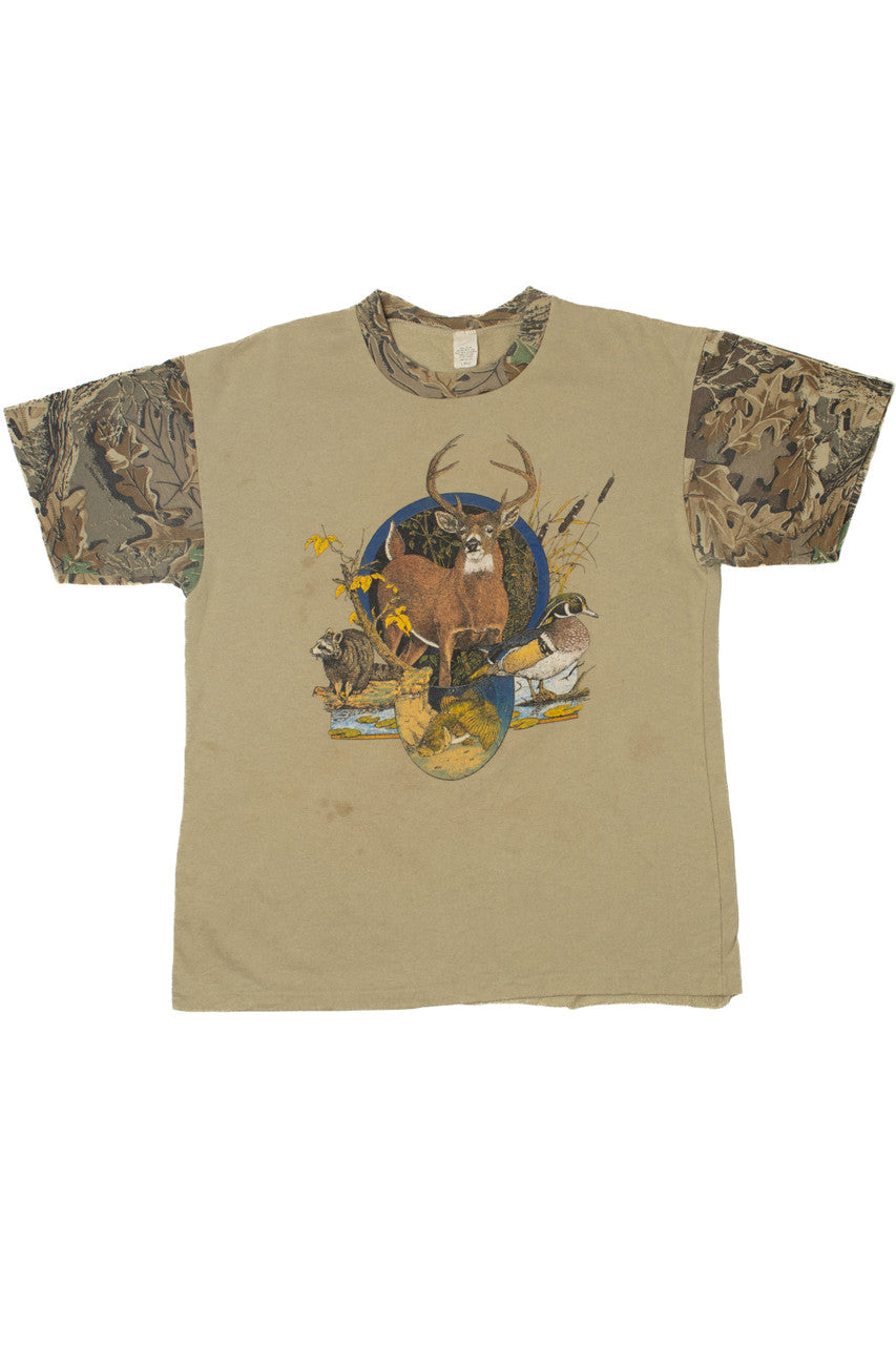 Vintage 1993 Deer & Forest Fauna Camo Ringer T-Shirt