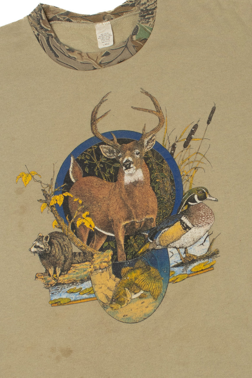 Vintage 1993 Deer & Forest Fauna Camo Ringer T-Shirt