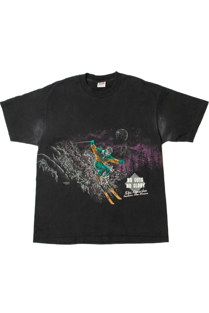 Vintage 1992 "No Guts No Glory" Skiing Wraparound Print T-Shirt
