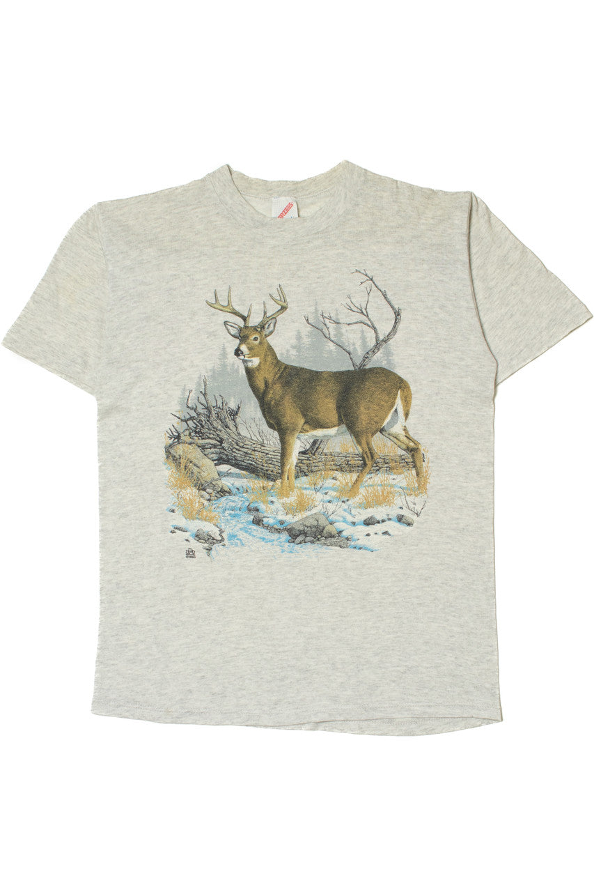 Vintage 1990 Deer In Snowy Woods Single Stitch T-Shirt
