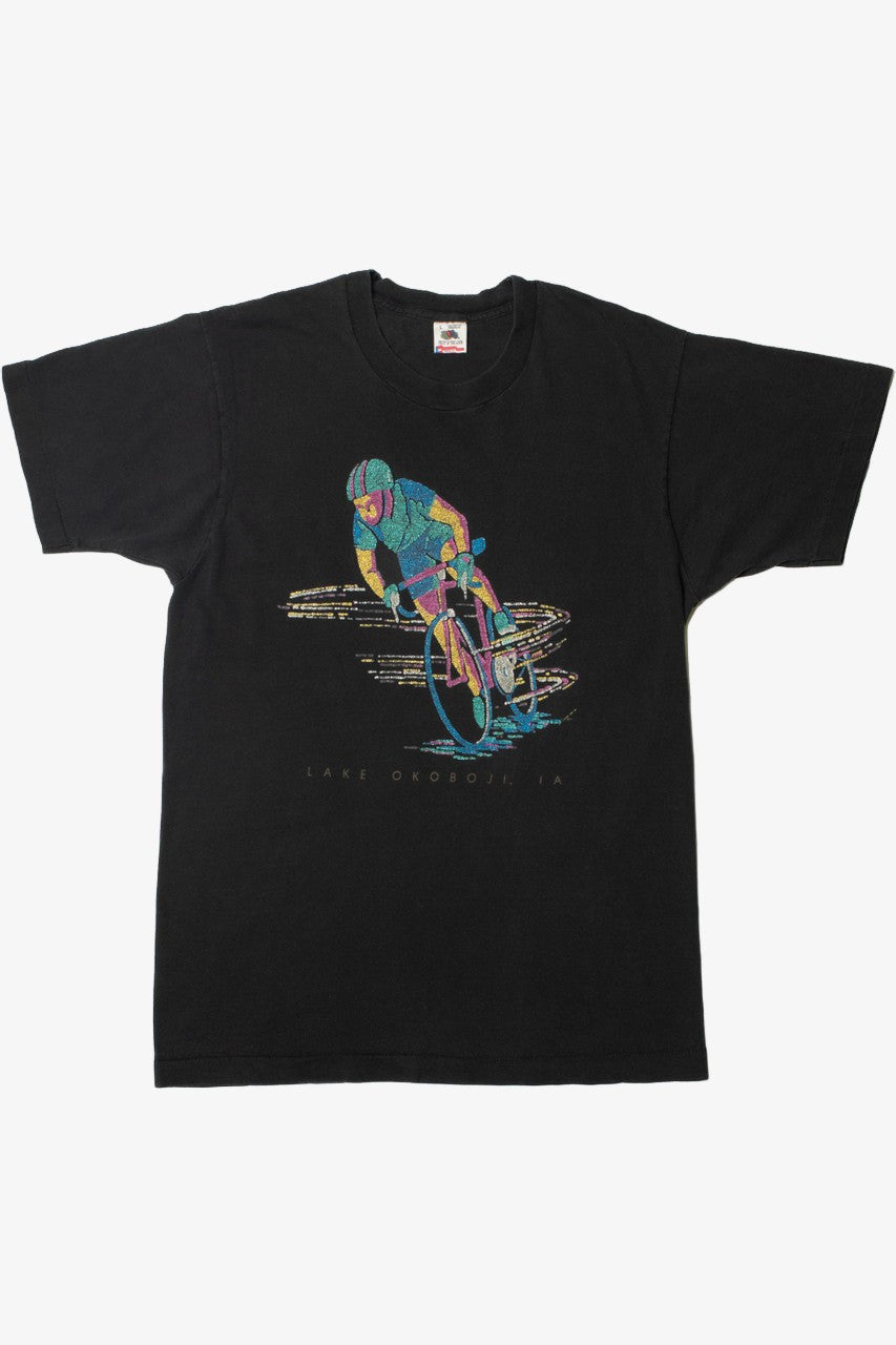 Vintage "Lake Okoboji, IA" Shimmery Cyclist Print T-Shirt