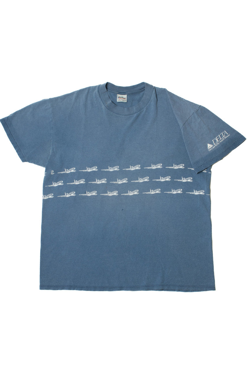 Vintage Delta "We Love To Fly..." Airplane Wraparound Print T-Shirt